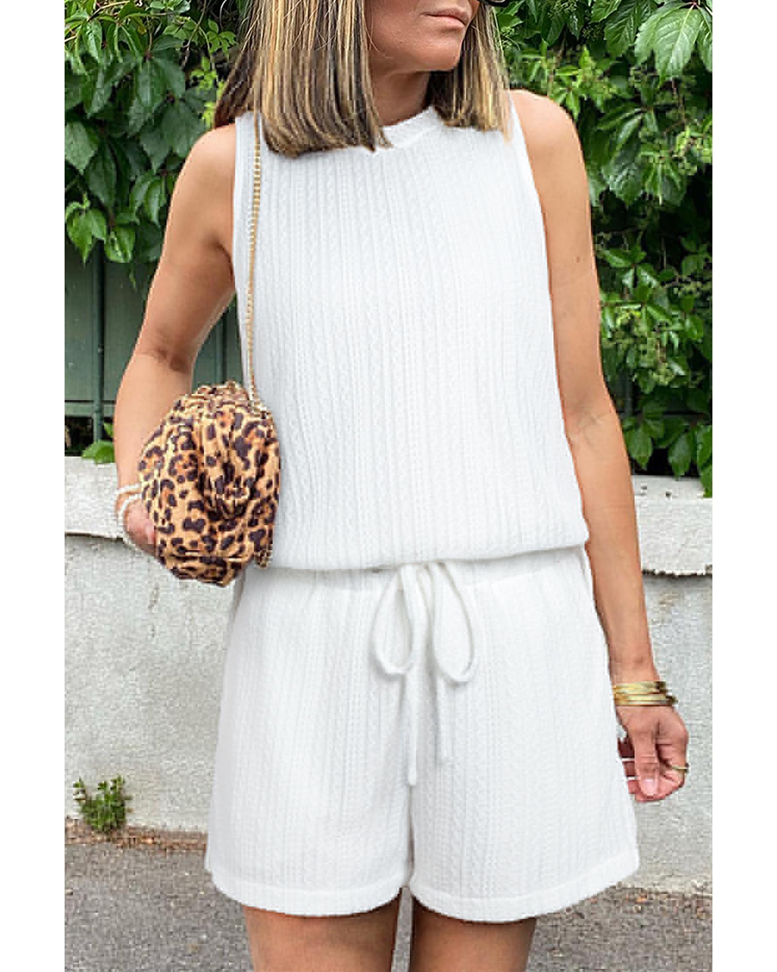 V539-AZEXDC625775-P15-S-202506142145-00 Beige Textured Knit Tank Top and Drawstring Shorts Set - S - Image 1