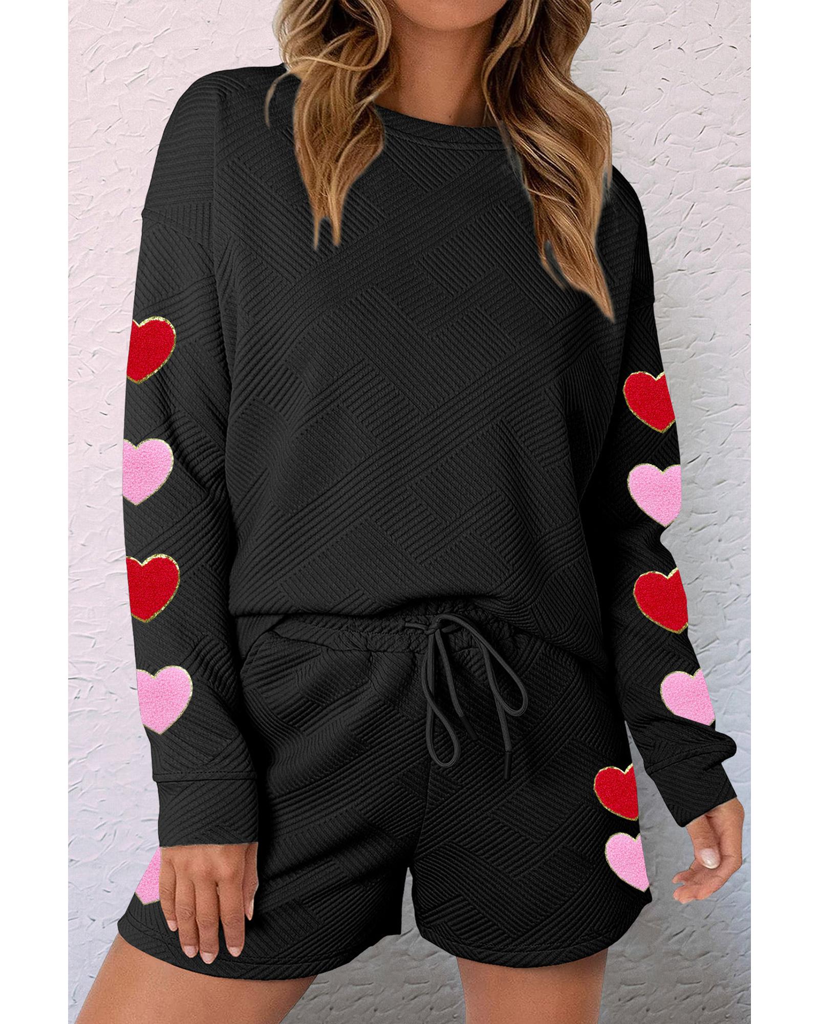 V539-AZEXDC625823-2-M-202508280430-00 Black Heart Patch Long Sleeve Top and Shorts Textured 2pcs Set - M - Image 1