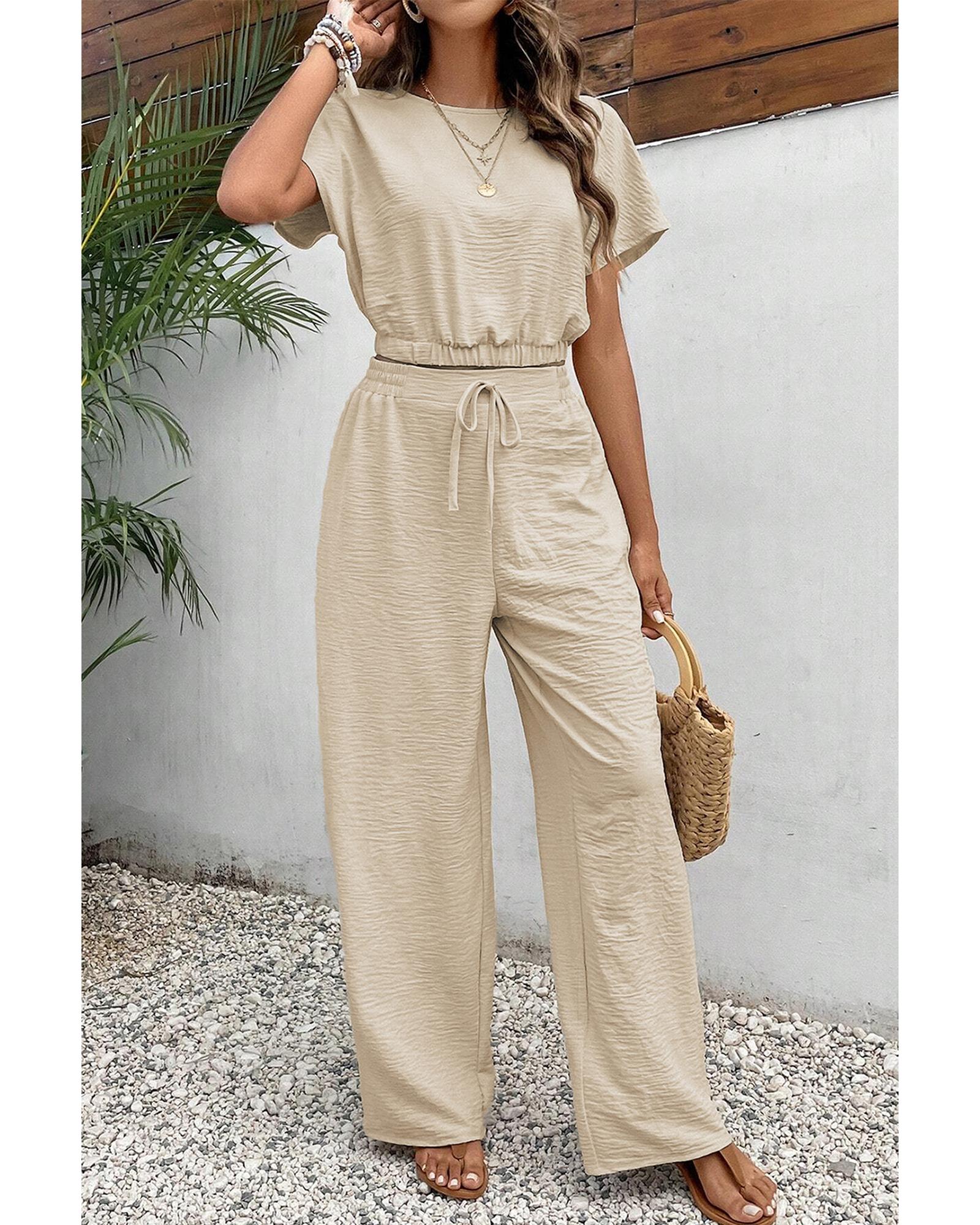 V539-AZEXDC626097-P15-L-202506142327-00 Beige Crinkled Elastic Hem Crop Tee and Wide Leg Pants Set - L - Image 1