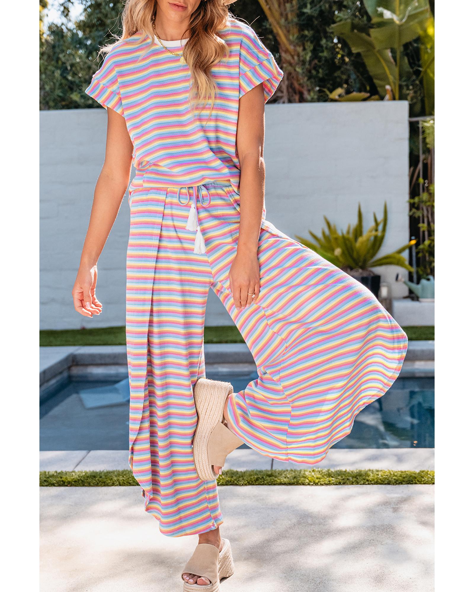 V539-AZEXDC626108-P1019-S-202506142331-00 Pink Stripe Rainbow Tee Tasseled String Wide Leg Pants Set - S - Image 1