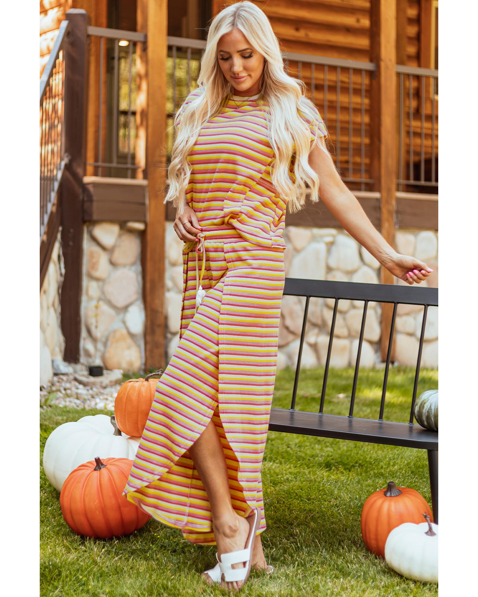 V539-AZEXDC626108-P719-L-202508301525-00 Yellow Stripe Rainbow Tee Tasseled String Wide Leg Pants Set - L - Image 1
