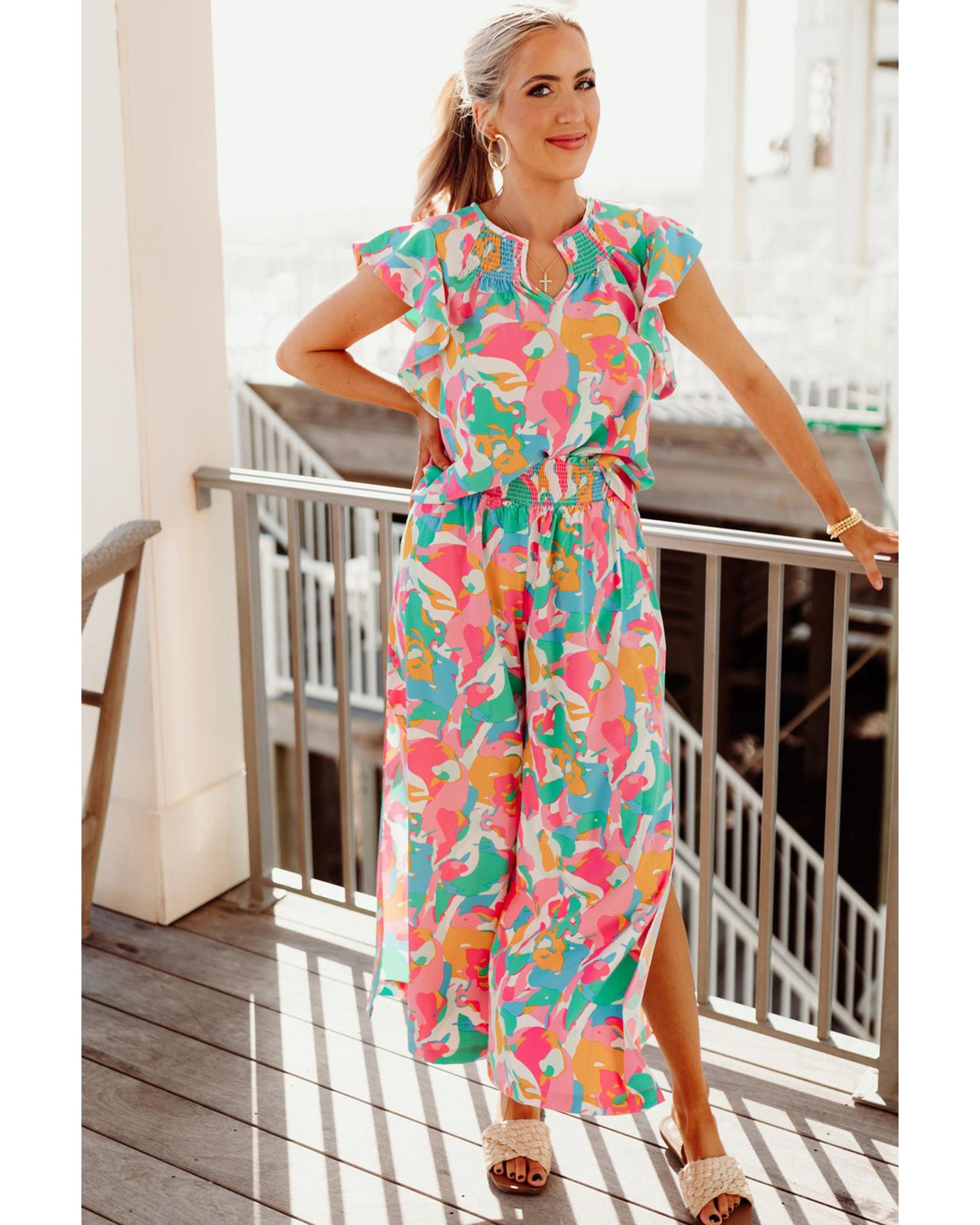 V539-AZEXDC626113-P1020-M-202508302050-00 Floral Ruffled Sleeve Top Smocked Wide Leg Pants Set - M - Image 1