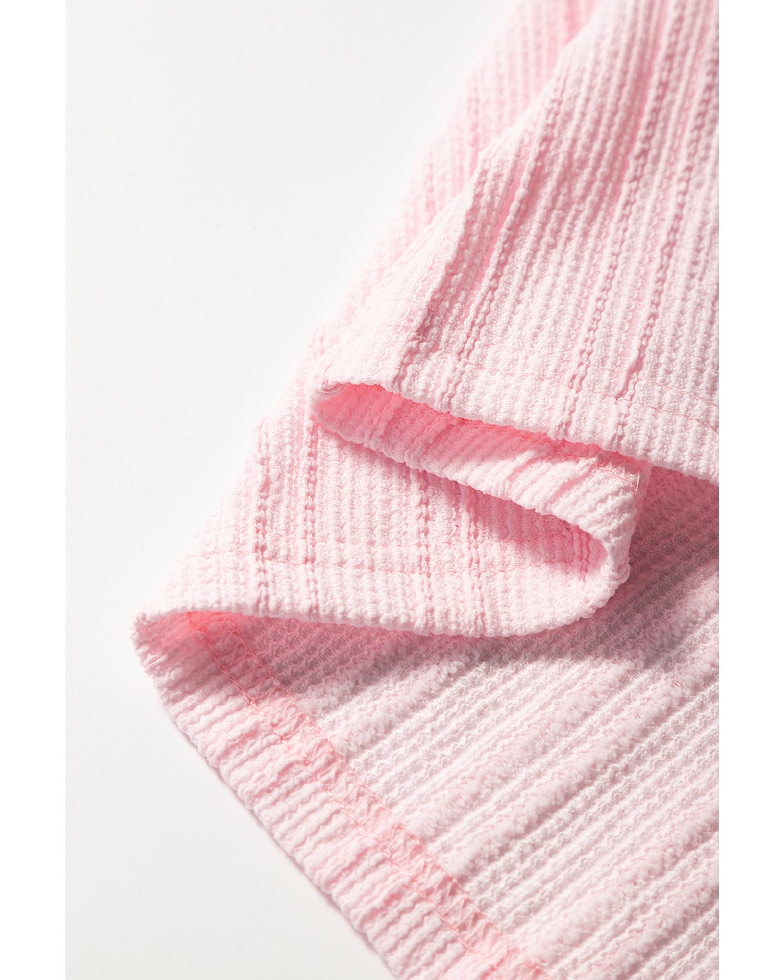 V539-AZEXDC626201-P1010-M-202508302325-00 Light Pink Textured Short Sleeve Henley Top and Pocketed Wide Leg Pants - M - Image 1