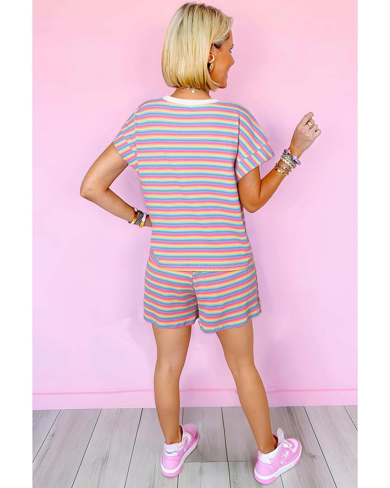 V539-AZEXDC626204-P1019-S-202506142011-00 Pink Stripe Crew Neck Tee and Tasseled Drawstring Shorts Set - S - Image 1