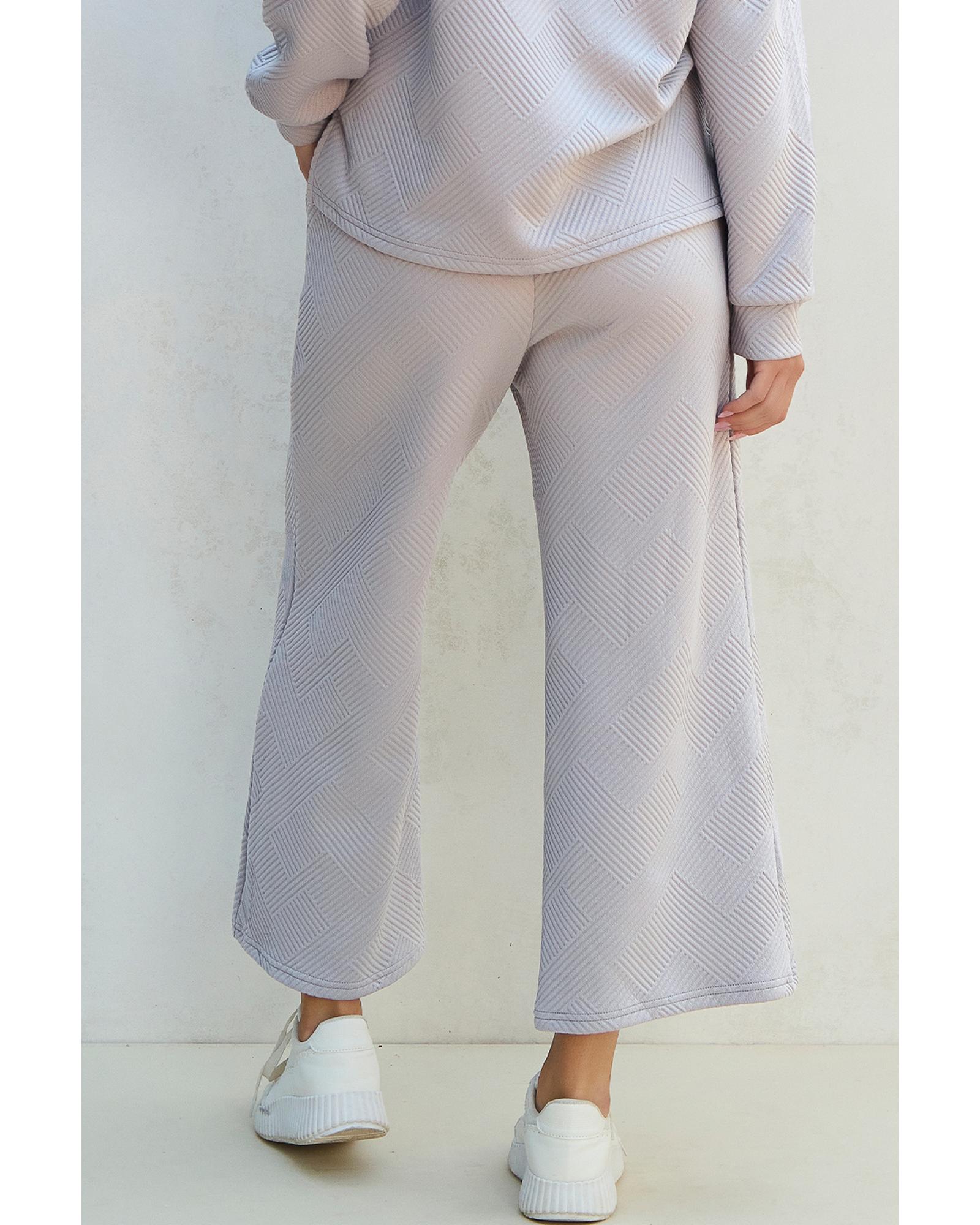 V539-AZEXDC626233-P1011-M-202508301355-00 Light Grey Solid Textured Collared V Neck Top and Wide Leg Pants Set - M - Image 1