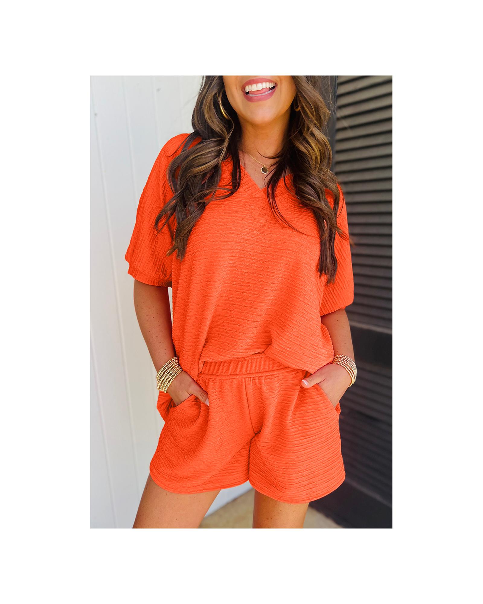 V539-AZEXDC626339-P14-XL-202508280715-00 Orange Textured V Neck T Shirt and Shorts Set - XL - Image 1