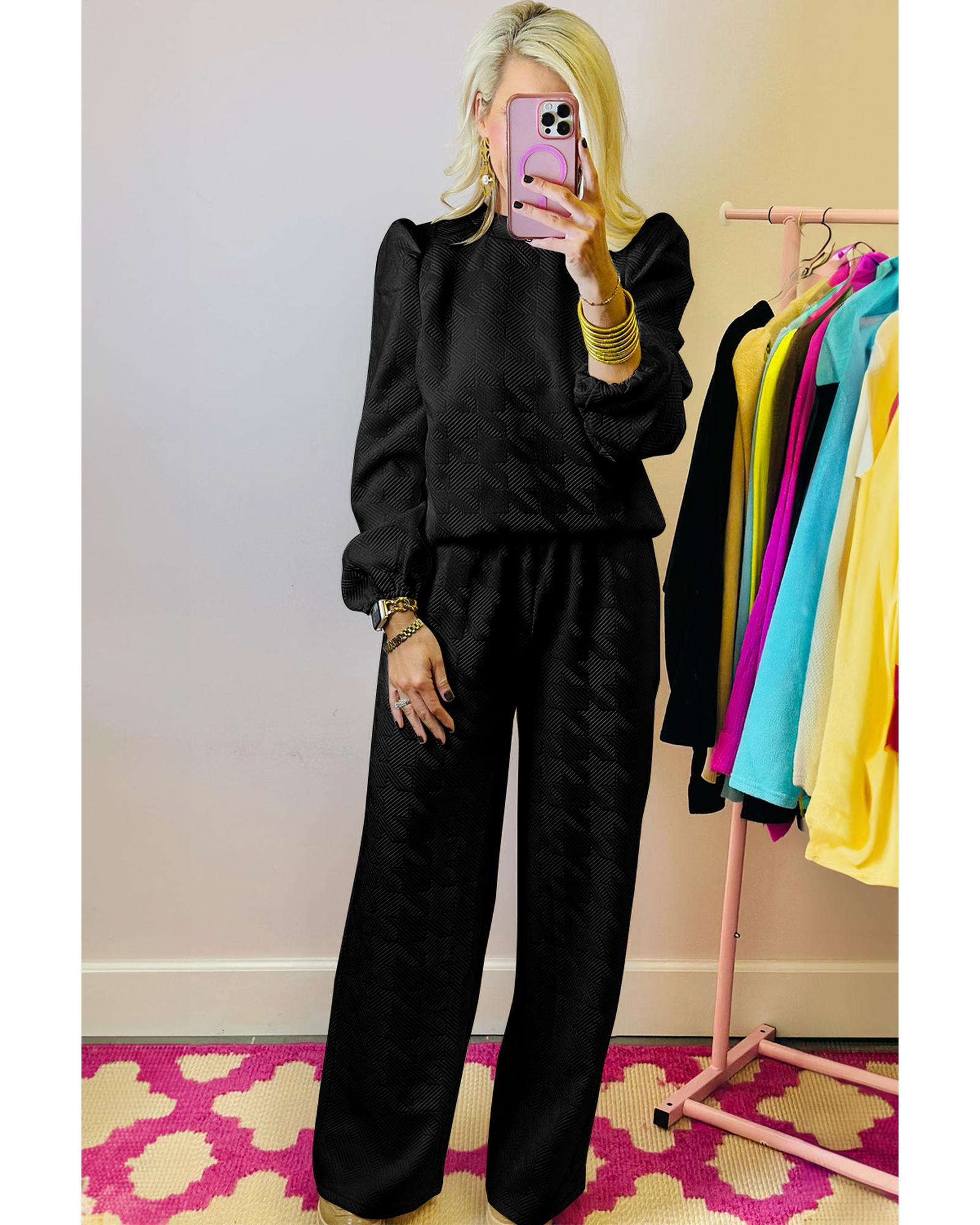 V539-AZEXDC626340-P2-S-202506142122-00 Black Textured Puff Sleeve Top and Pants Set - S - Image 1