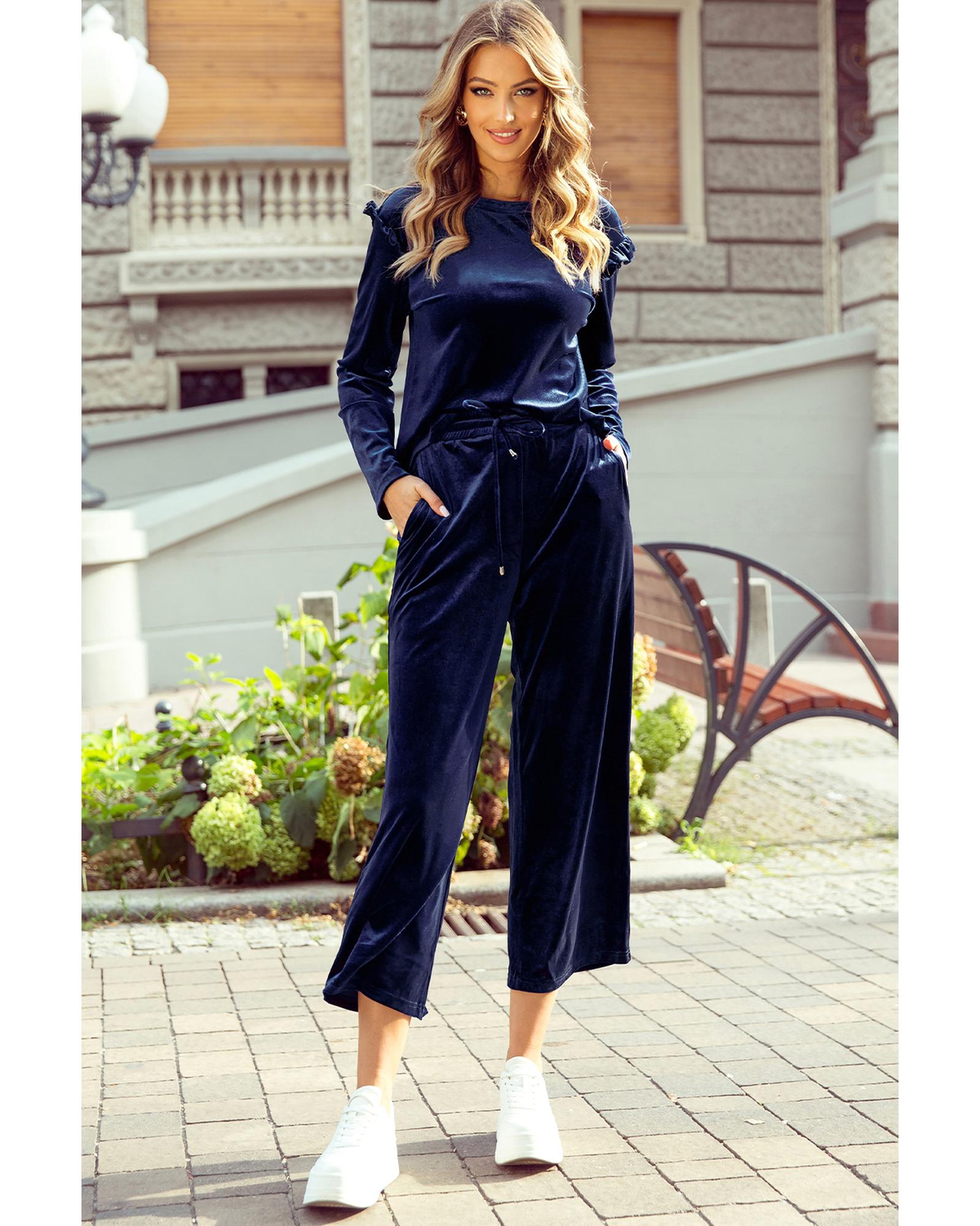 V539-AZEXDC626367-P605-L-202508292305-00 Navy Blue Solid Velvet Ruffled Two Piece Pants Set - L - Image 1
