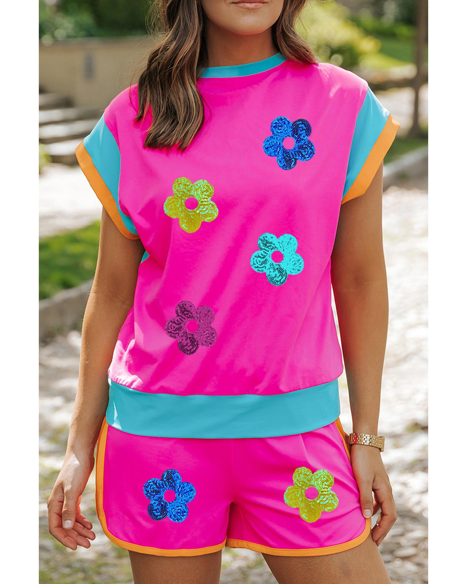 V539-AZEXDC626395-P6-XL-202508300650-00 Rose Red Sequined Flower Graphic Colorblock 2 Piece Shorts Set - XL - Image 1