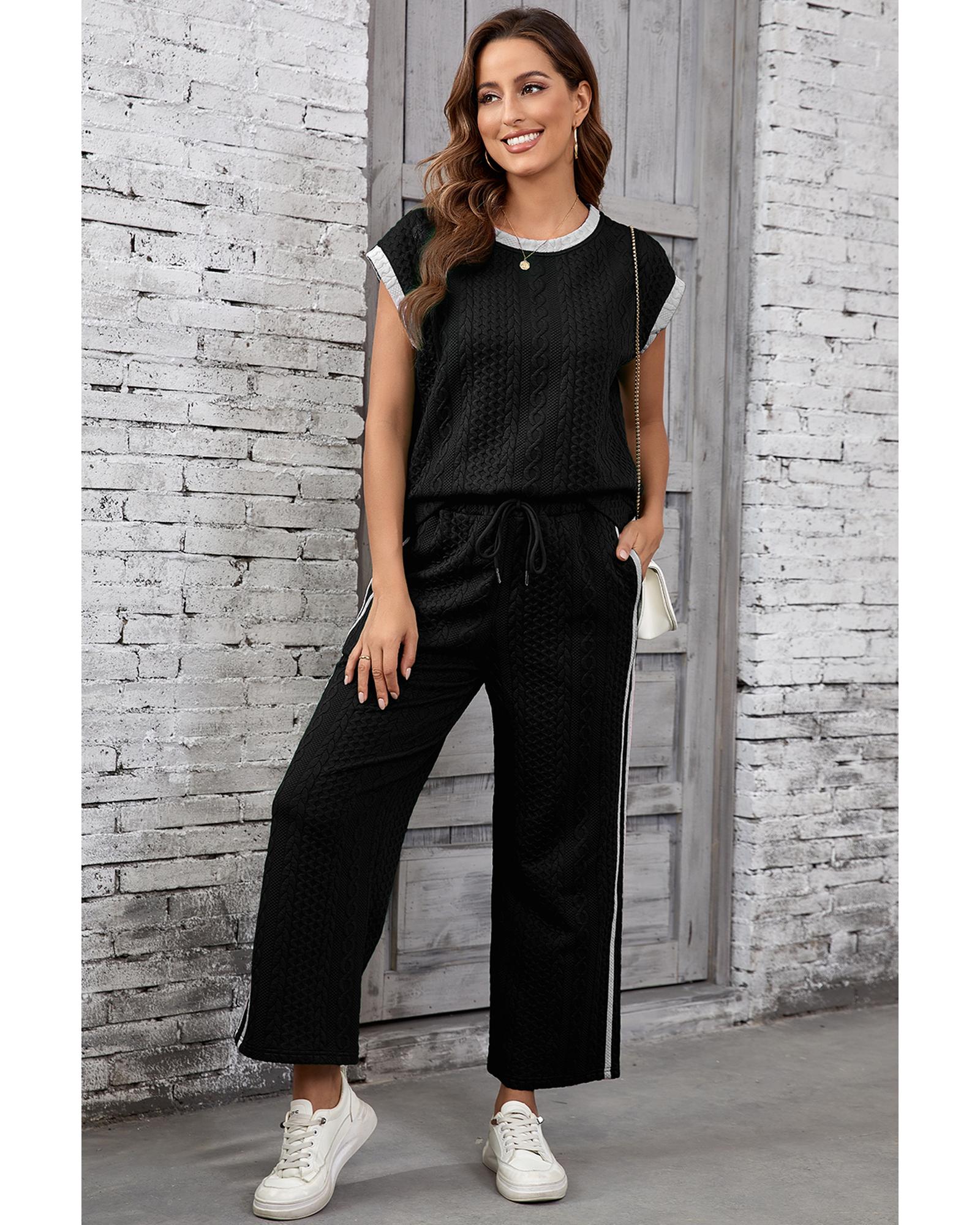 V539-AZEXDC626458-P2-L-202508290100-00 Black Cable Knit Contrast Trim Short Sleeve Top and Pants Set - L - Image 1