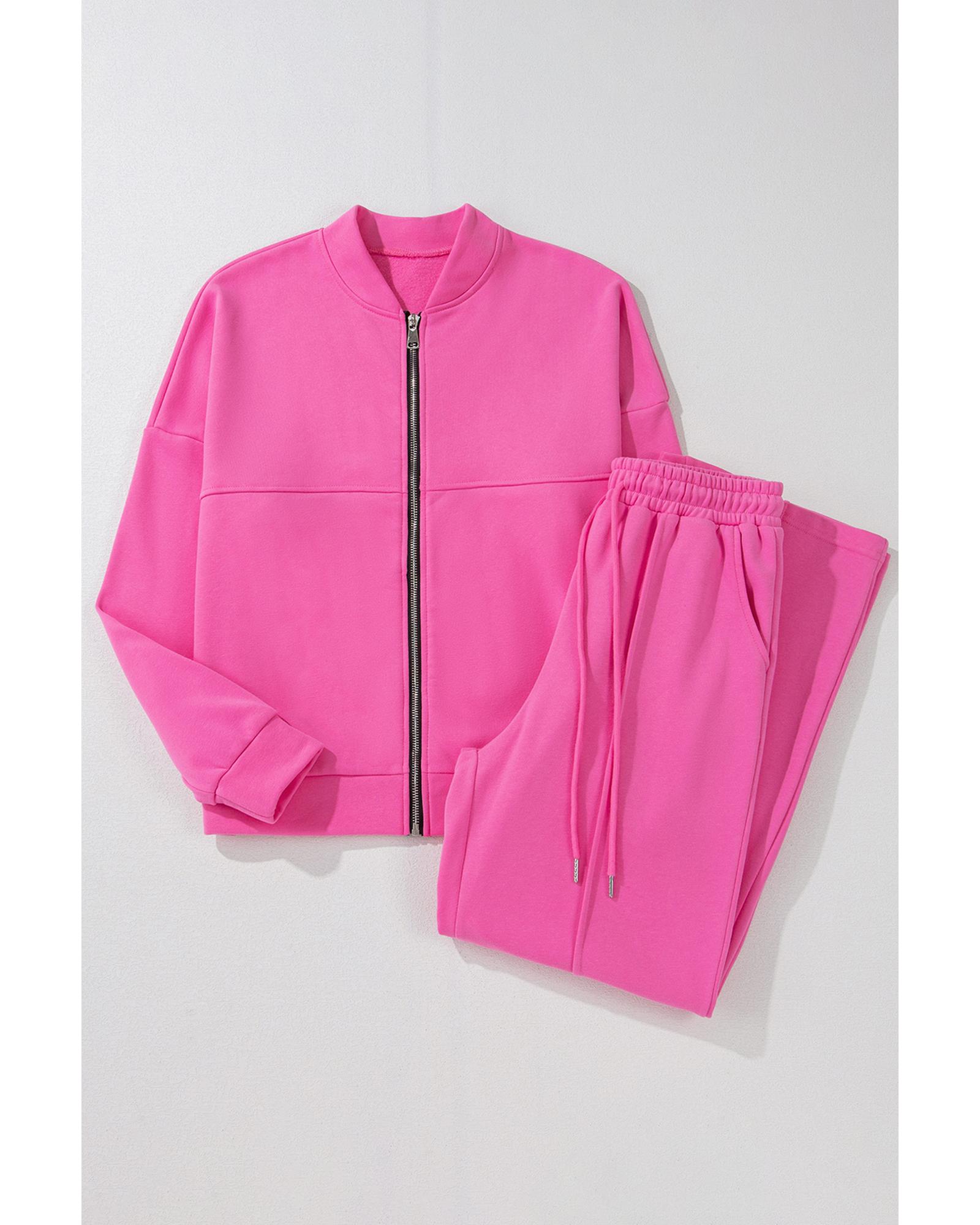 V539-AZEXDC626470-P106-XL-202508281045-00 Bright Pink Solid Seamed Zipper Jacket and Drawstring Waist Pants Set - XL - Image 1