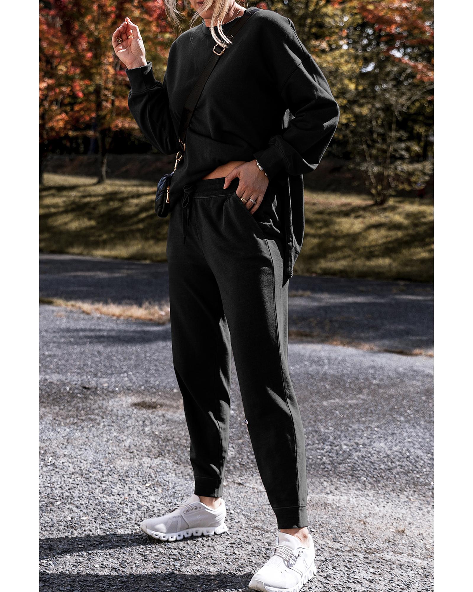 V539-AZEXDC626533-P2-L-202508301010-00 Black Solid Color High Low Pullover and Skinny Pants Set - L - Image 1