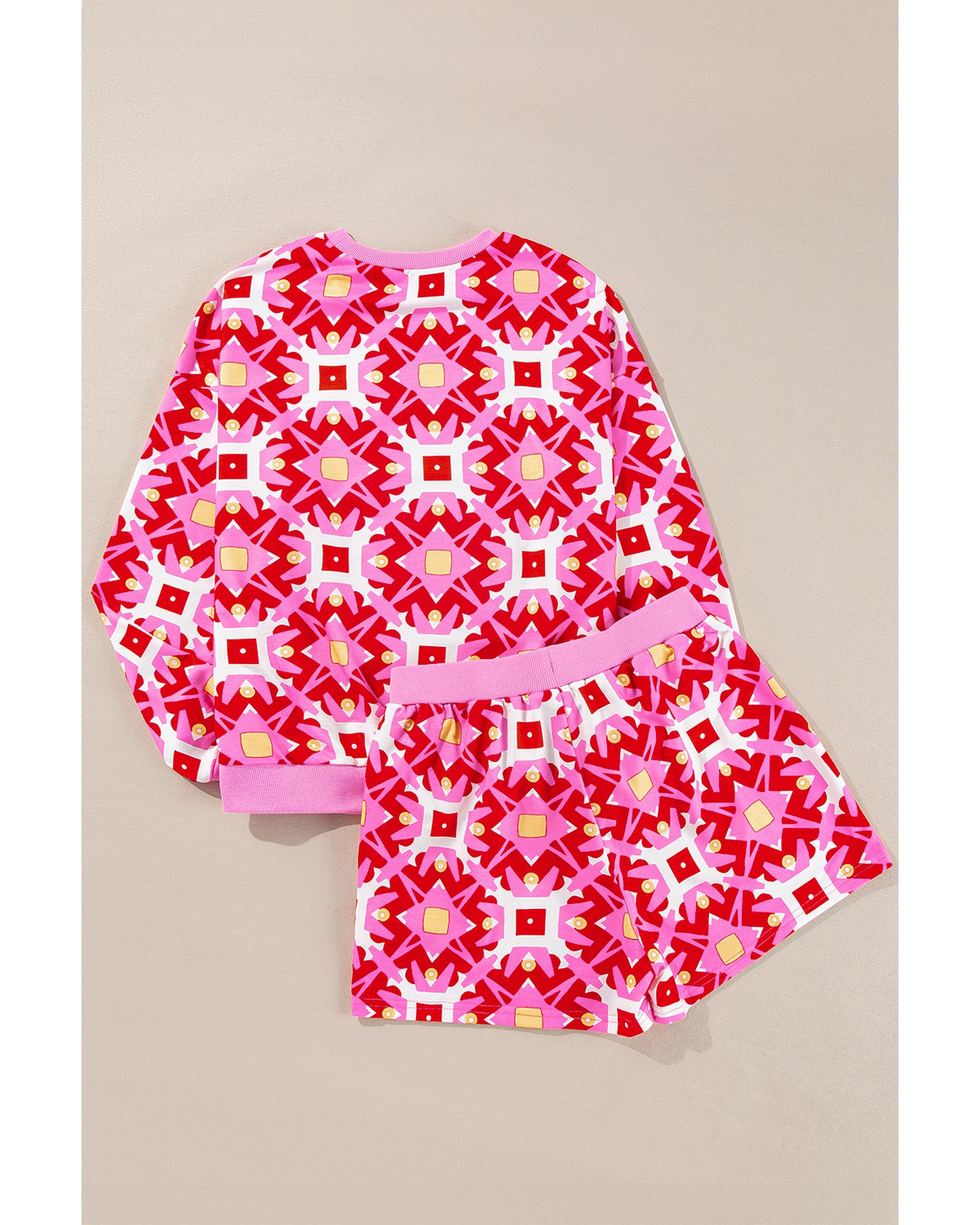 V539-AZEXDC626574-P406-M-202506150317-00 Sachet Pink Geometric Print Long Sleeve Top and Drawstring Shorts Set - M - Image 1