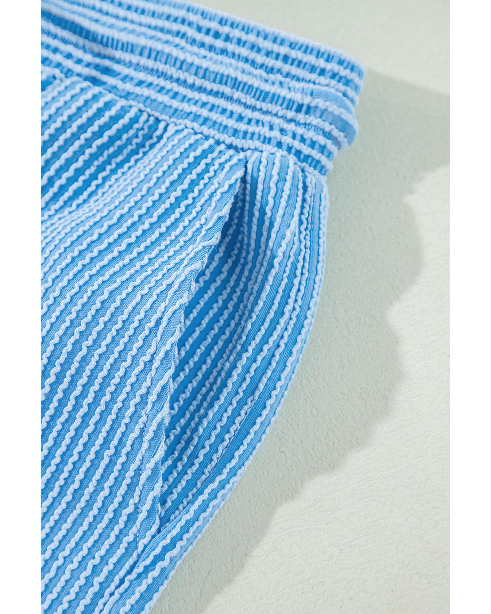 V539-AZEXDC626736-P305-S-202506150112-00 Blue Solid Corded Knit Short Sleeve T Shirt and Wide Leg Pants Set - S - Image 1