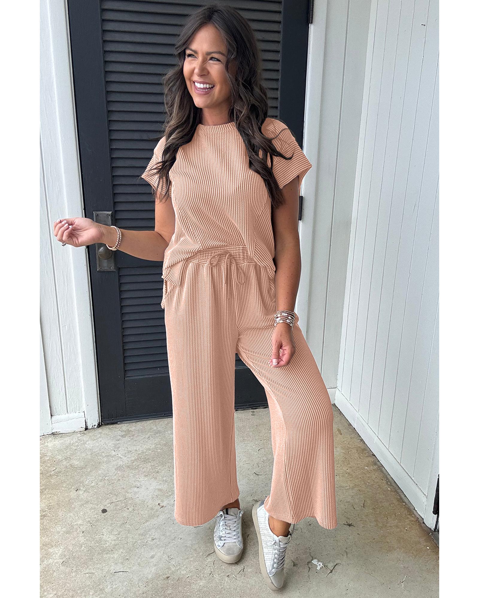 V539-AZEXDC626736-P7016-S-202506150116-00 Smoke Gray Solid Corded Knit Short Sleeve T Shirt and Wide Leg Pants Set - S - Image 1