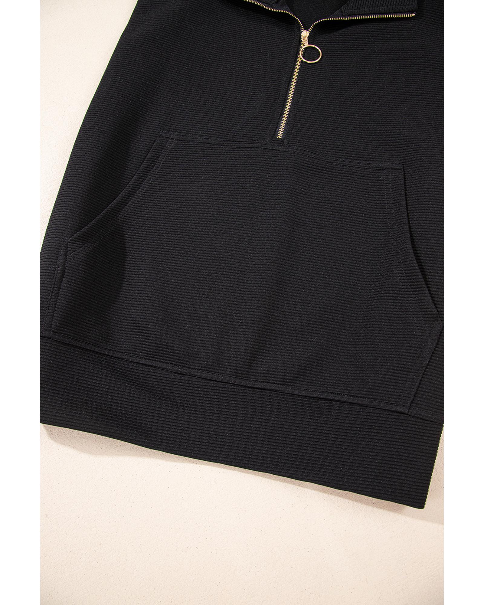 V539-AZEXDC626748-P2-S-202506150126-00 Black Textured Half Zip Kangaroo Pocket Top Drawstring Shorts Set - S - Image 1