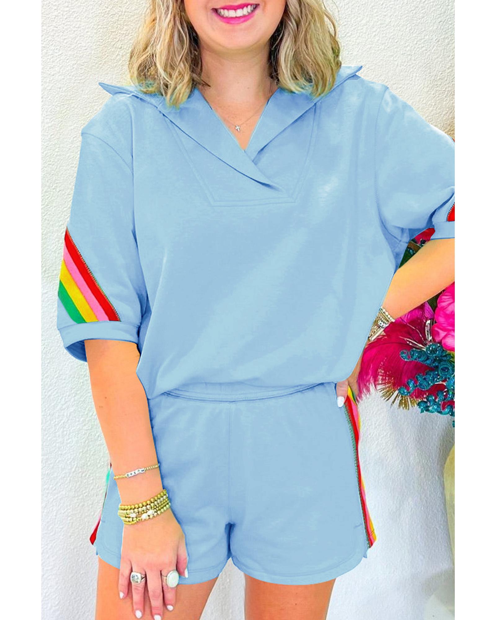 V539-AZEXDC626750-P304-XL-202508292205-00 Sky Blue Rainbow Colorblock Collared Short Sleeve Top 2 Piece Shorts Set - XL - Image 1