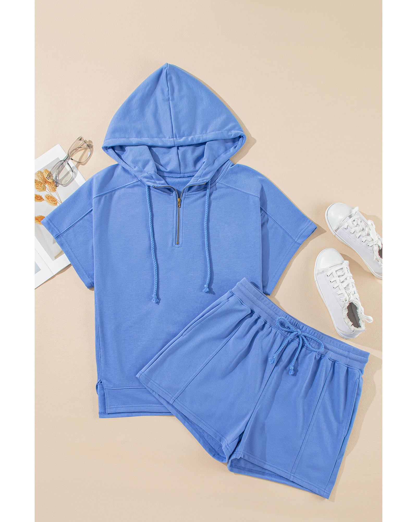 V539-AZEXDC626771-P205-S-202506150145-00 Sky Blue Casual Zipped Short Sleeve Hoodie and Shorts Set - S - Image 1