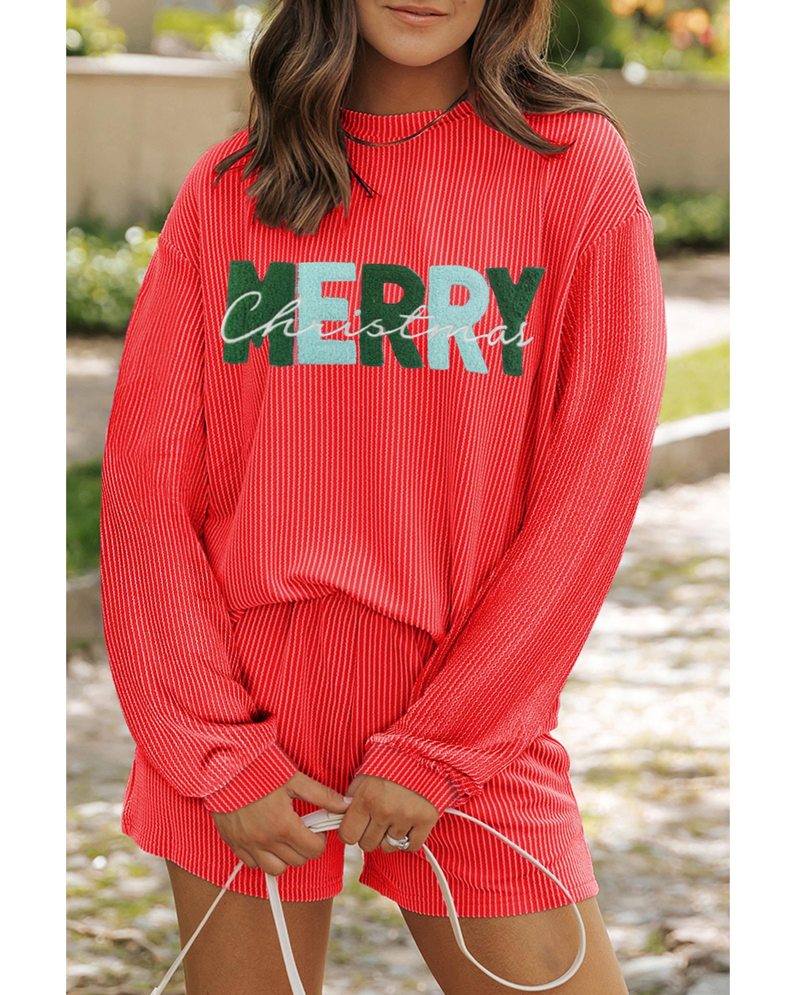 V539-AZEXDC626835-P5014-XL-202508281845-00 Gold Flame Corded MERRY Christmas Letter Top and Shorts Set - XL - Image 1