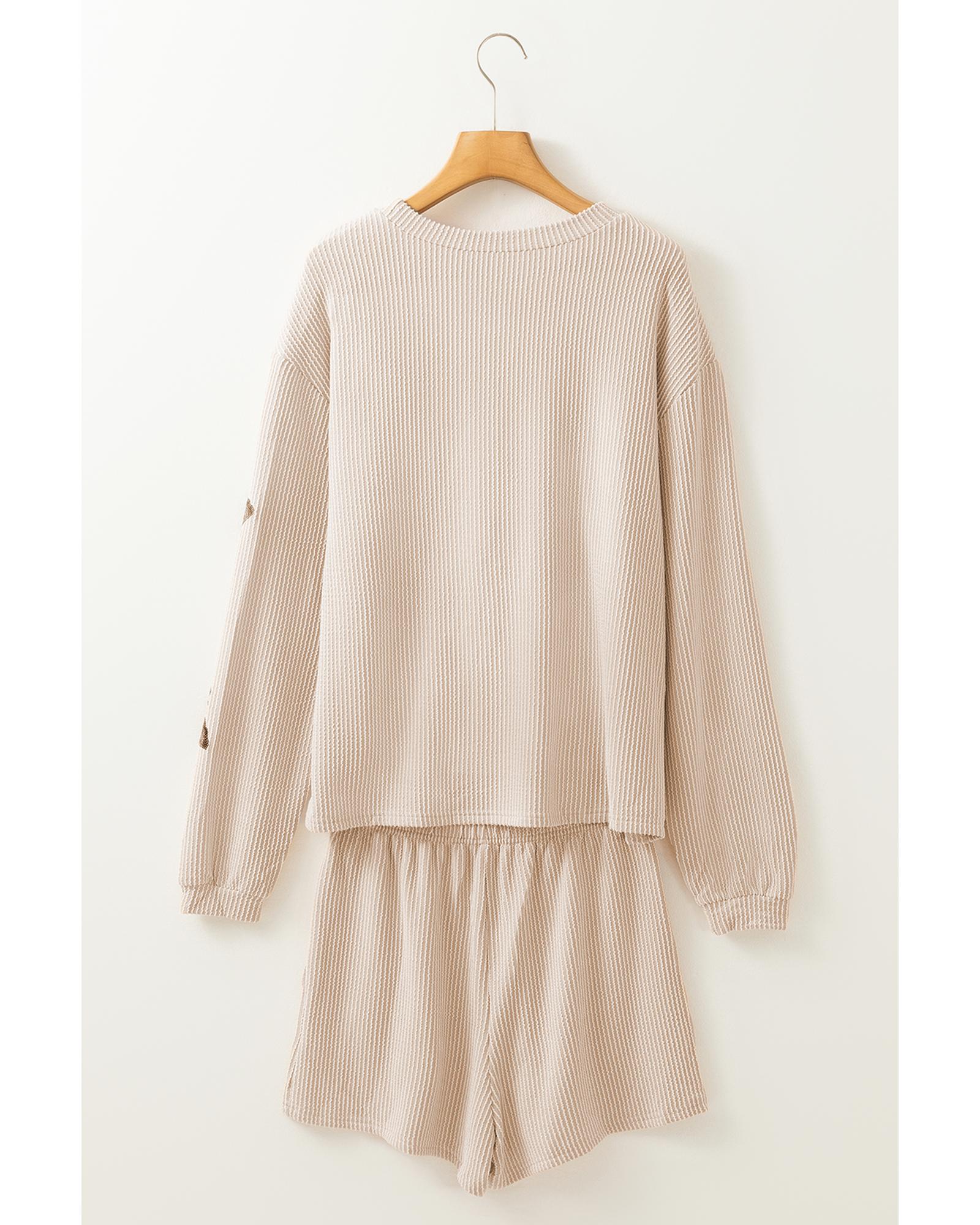 V539-AZEXDC626891-P6016-2XL-202508282010-00 Parchment Thanksgiving Sequined Turkey Corded Knit Loose Fit Shorts Set - 2XL - Image 1