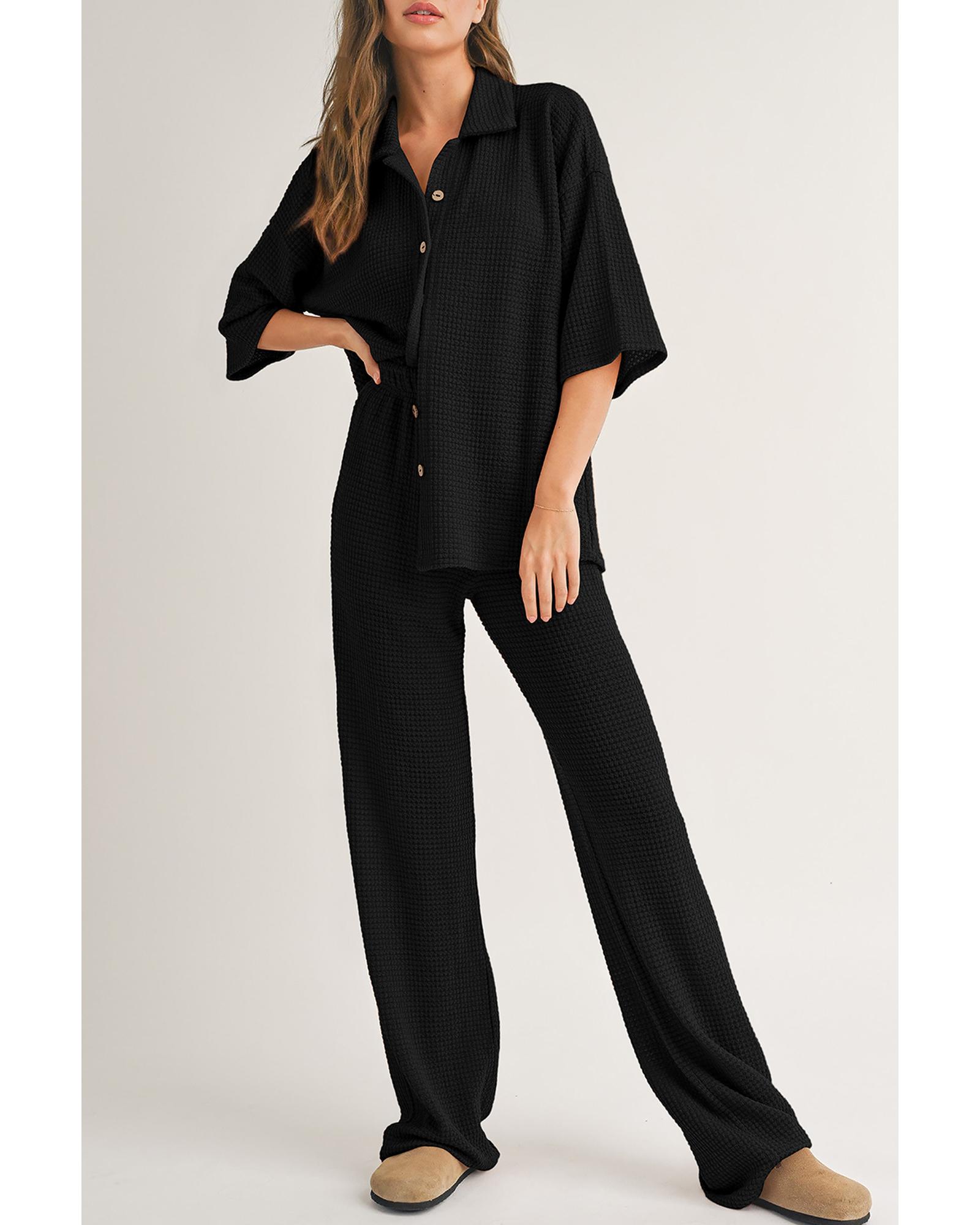 V539-AZEXDC626924-P2-L-202508300835-00 Black Solid Color Textured Buttoned Shirt and Casual Pants Set - L - Image 1