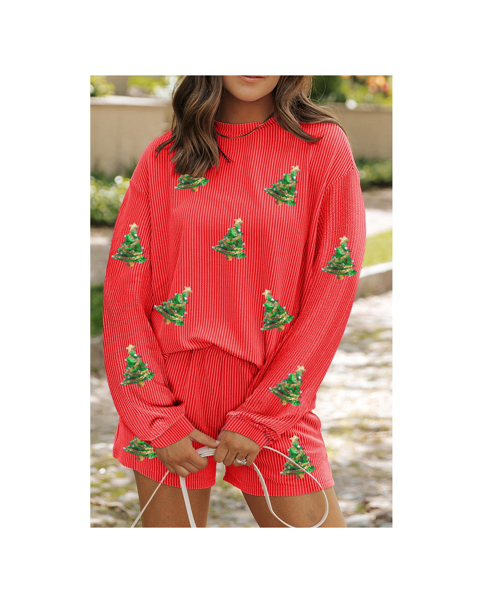 V539-AZEXDC626940-P5014-XL-202508310200-00 Gold Flame Sequin Christmas Tree Corded Long Sleeve Top ans Shorts Set - XL - Image 1