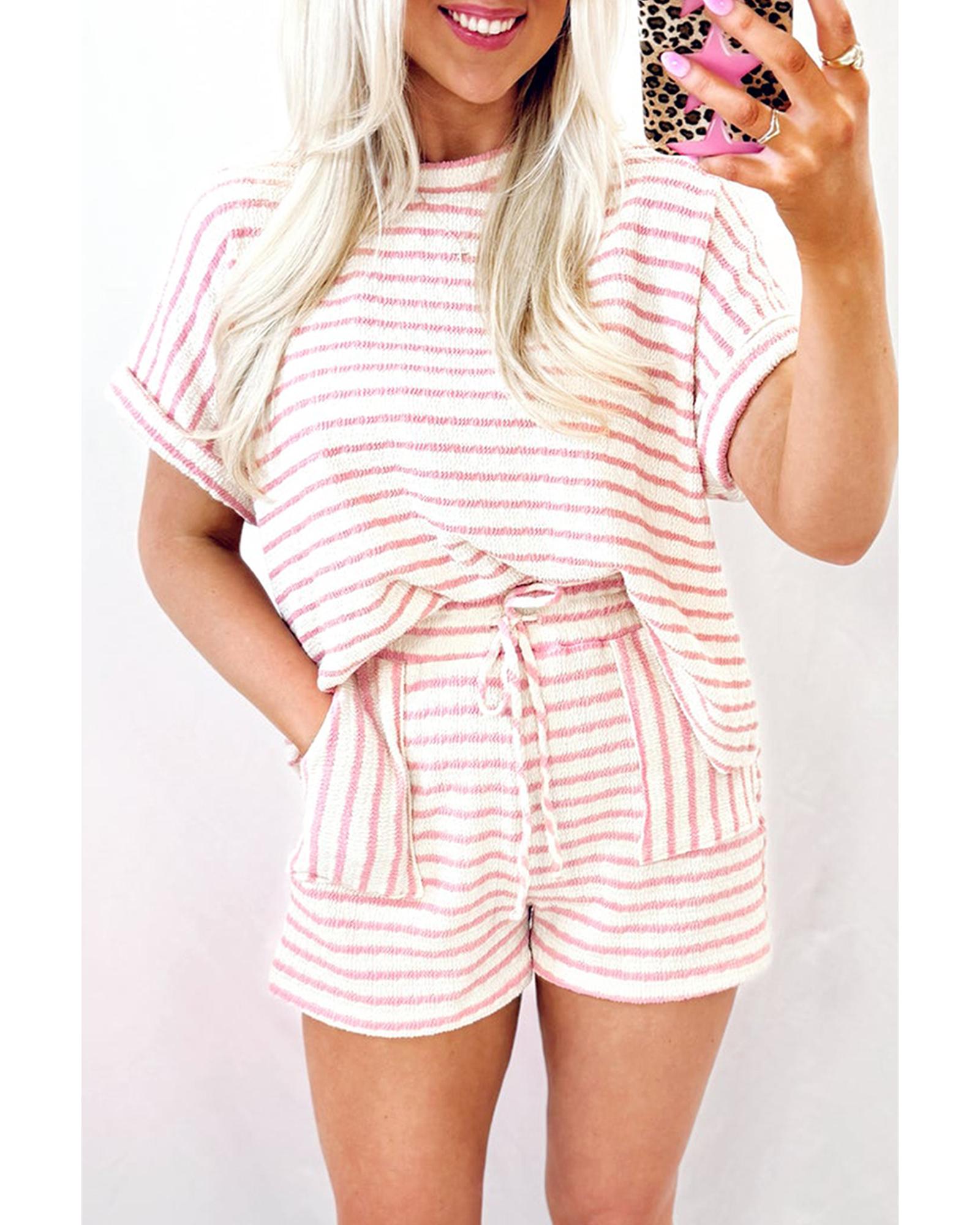 V539-AZEXDC626953-P1019-L-202508302305-00 Pink Stripe Knitted Short Sleeve Top and Drawstring Shorts Set - L - Image 1
