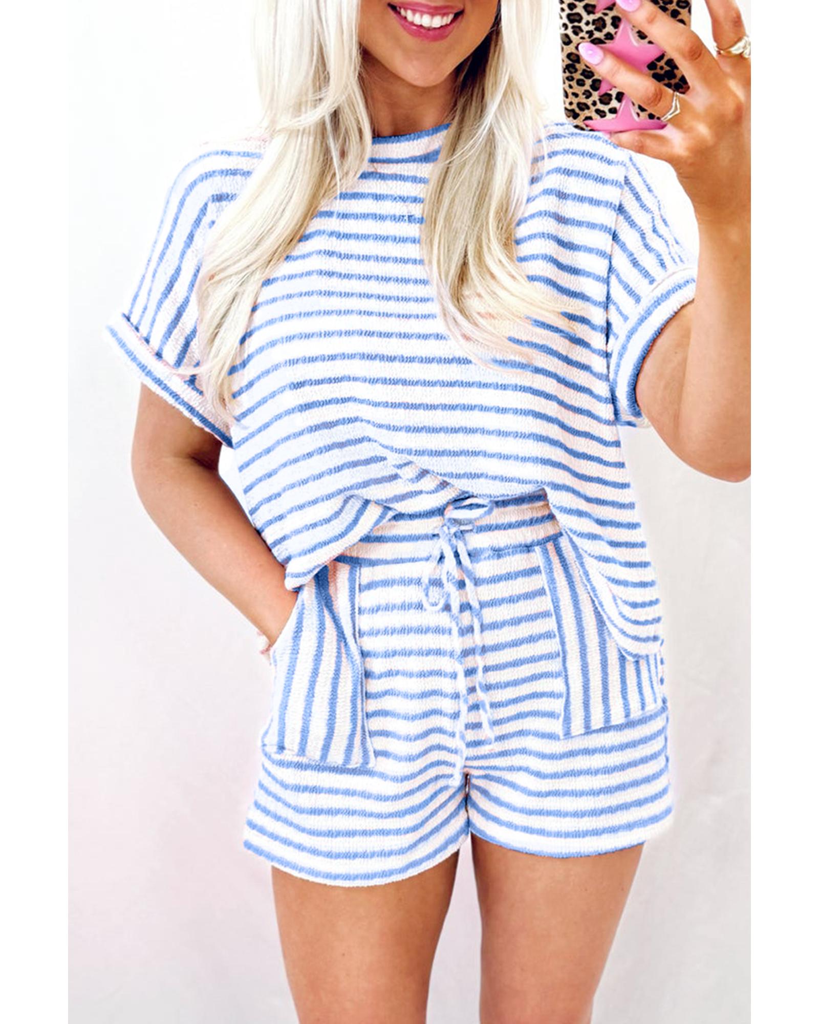 V539-AZEXDC626953-P419-L-202508301425-00 Sky Blue Stripe Knitted Short Sleeve Top and Drawstring Shorts Set - L - Image 1