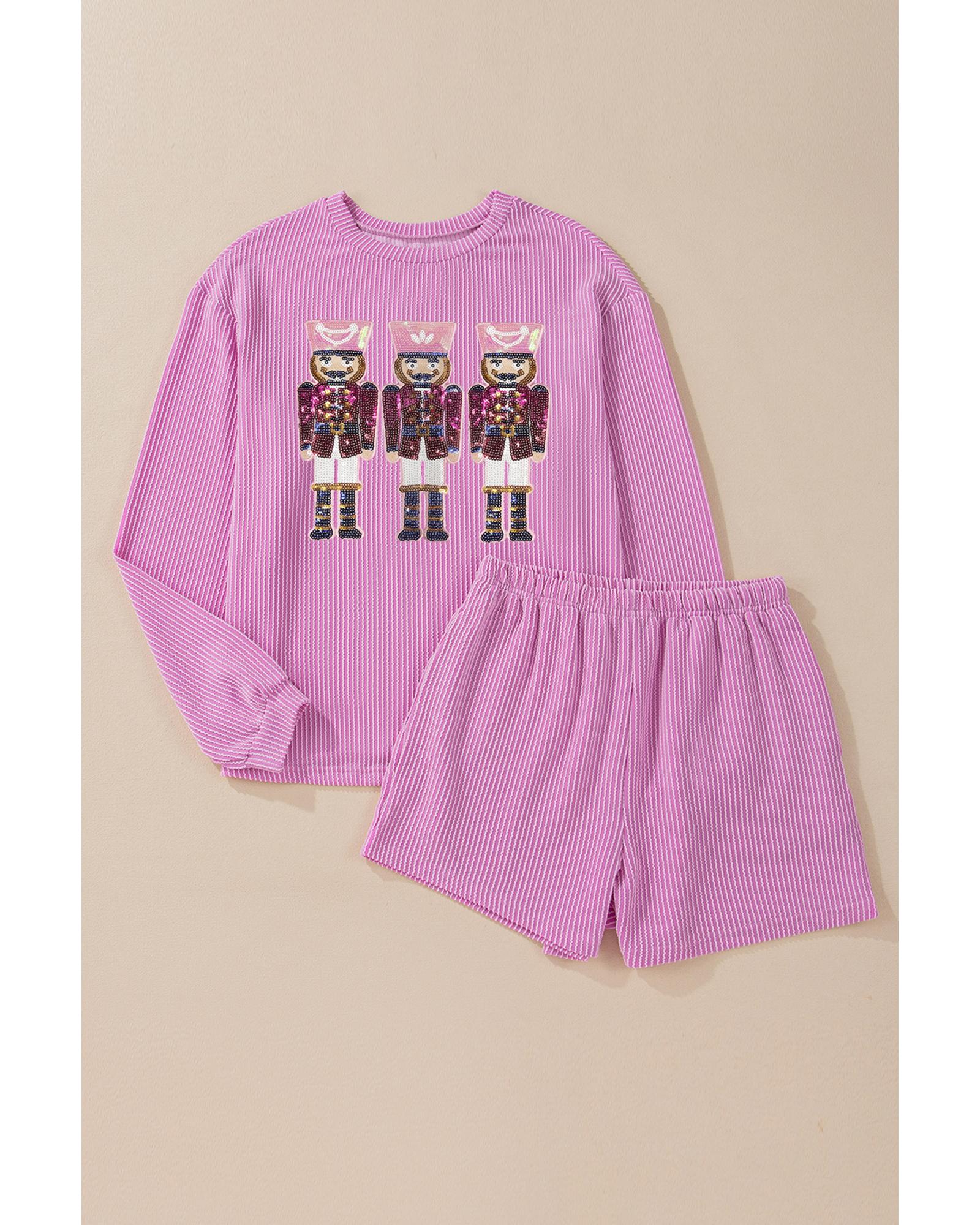 V539-AZEXDC627035-P608-L-202508310125-00 Phalaenopsis Sequin Nutcracker Patched Long Sleeve Corded Christmas Shorts Set - L - Image 1