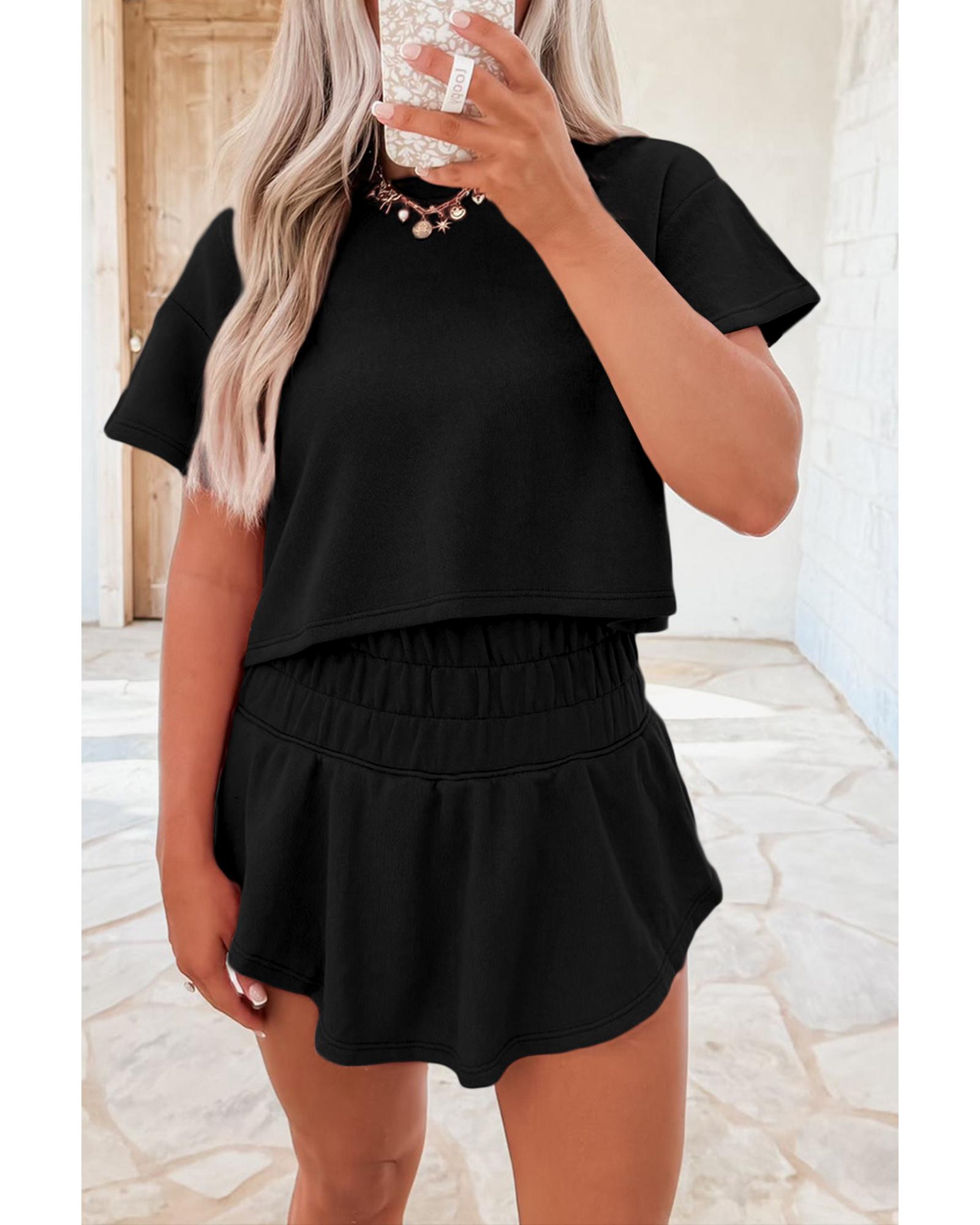 V539-AZEXDC627060-P2-S-202508300710-00 Black 2pcs Cropped Tee and Ruffle High Waist Skort Set - S - Image 1