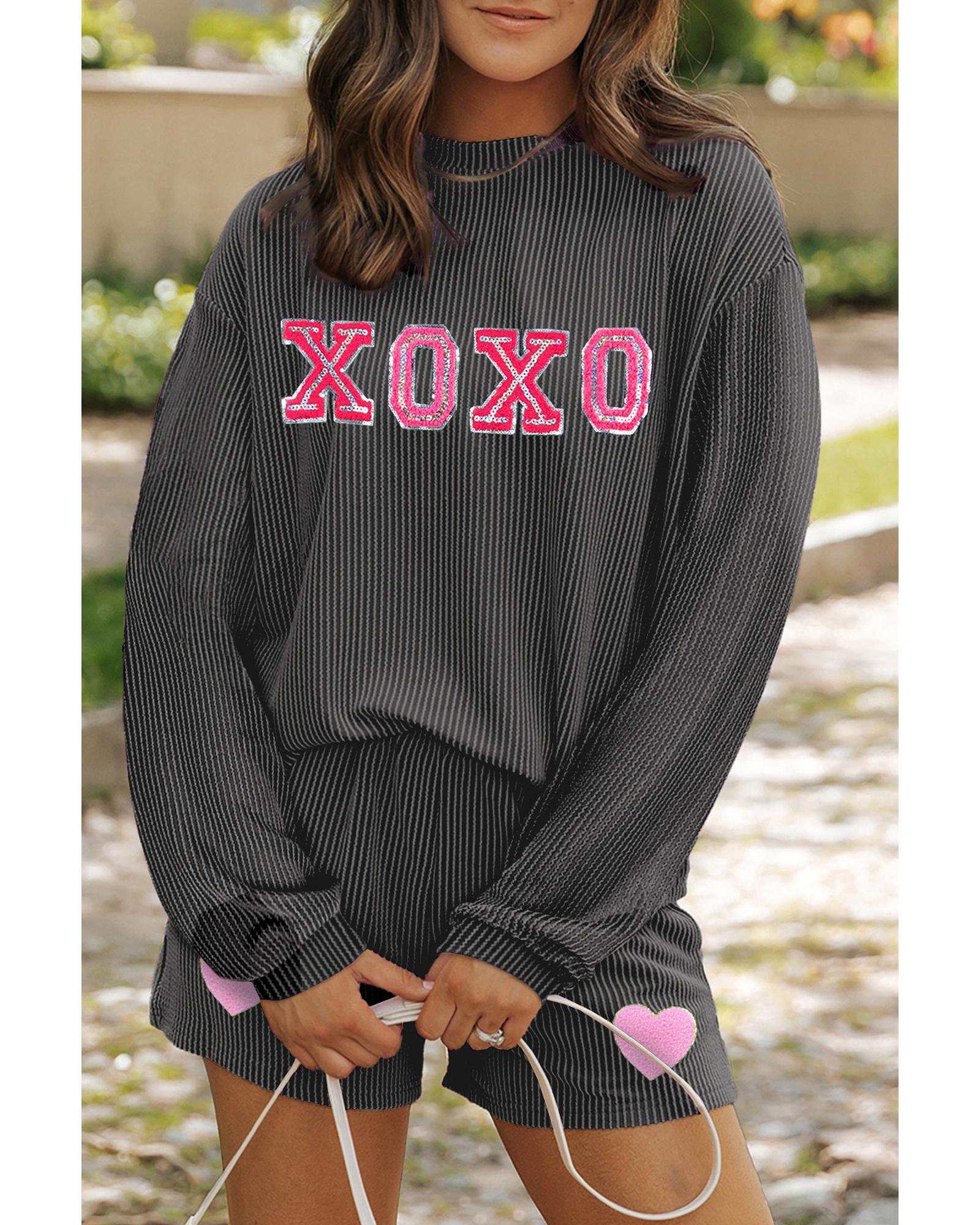 V539-AZEXDC627063-P4011-L-202508301100-00 Carbon Grey XOXO Heart Patched Pattern Long Sleeve Corded Shorts Set - L - Image 1