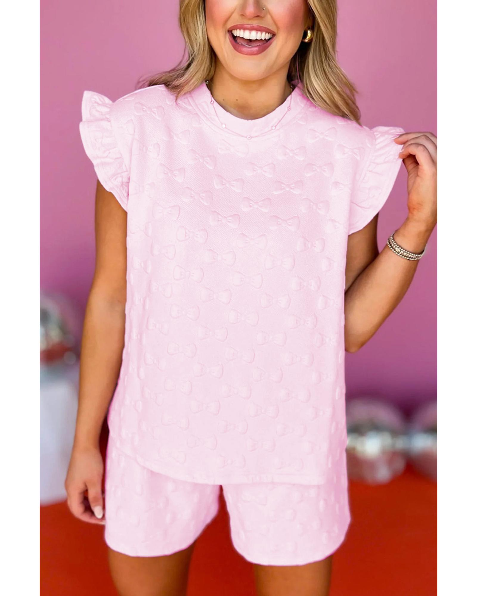 V539-AZEXDC627088-P10-XL-202508301045-00 Pink Bow Jacquard Ruffle Sleeve Short 2pcs Outfit - XL - Image 1