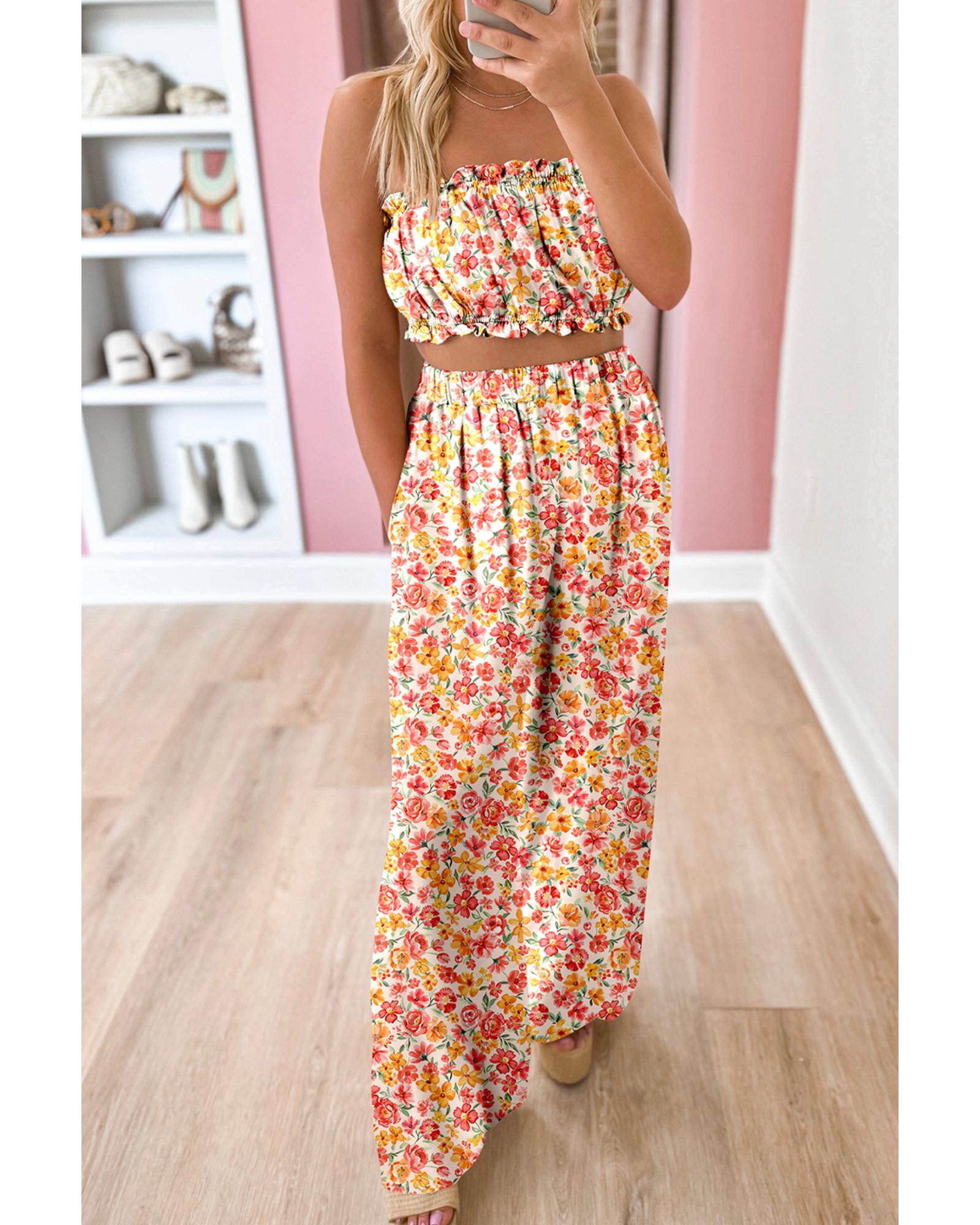 V539-AZEXDC627159-P1020-XL-202508292025-00 Pink Boho Floral Bandeau Top and High Waist Wide Leg Pants Set - XL - Image 1