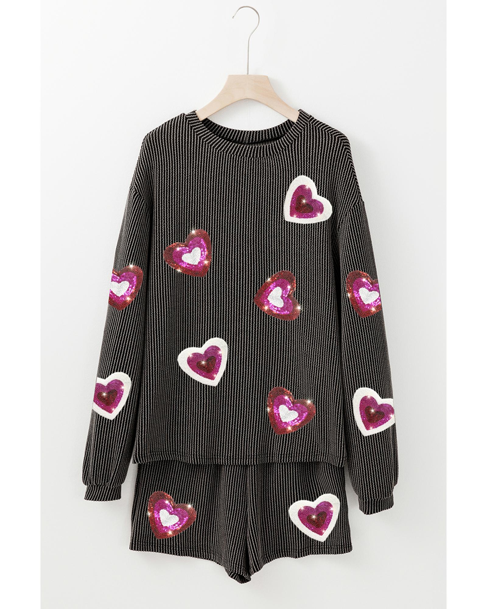V539-AZEXDC627181-P4011-M-202508281045-00 Carbon Grey Valentine Sequin Heart Corded Pullover and Shorts Set - M - Image 1
