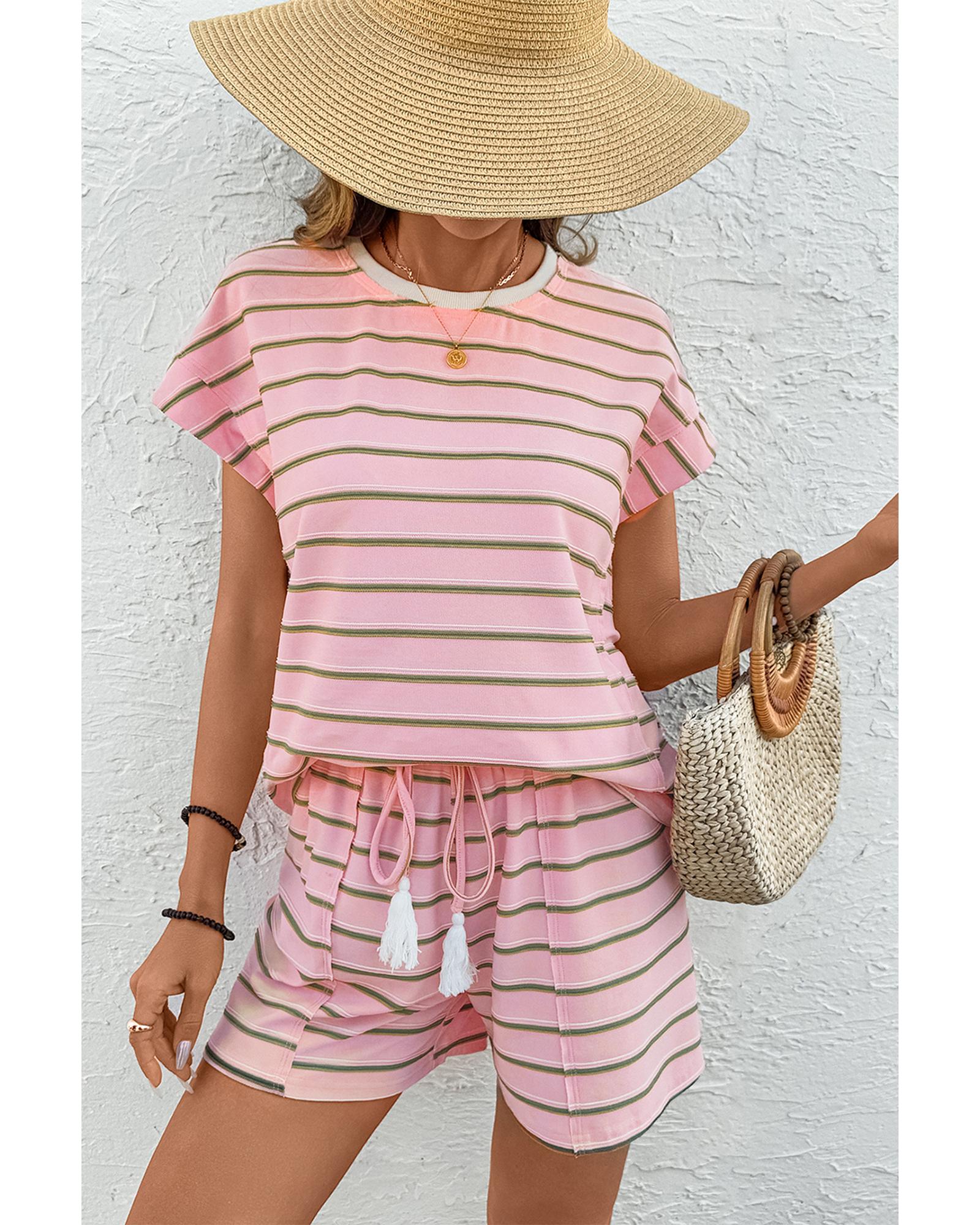 V539-AZEXDC627190-P1019-S-202506150125-00 Pink Stripe Wide Short Sleeve Tee and Short Set - S - Image 1