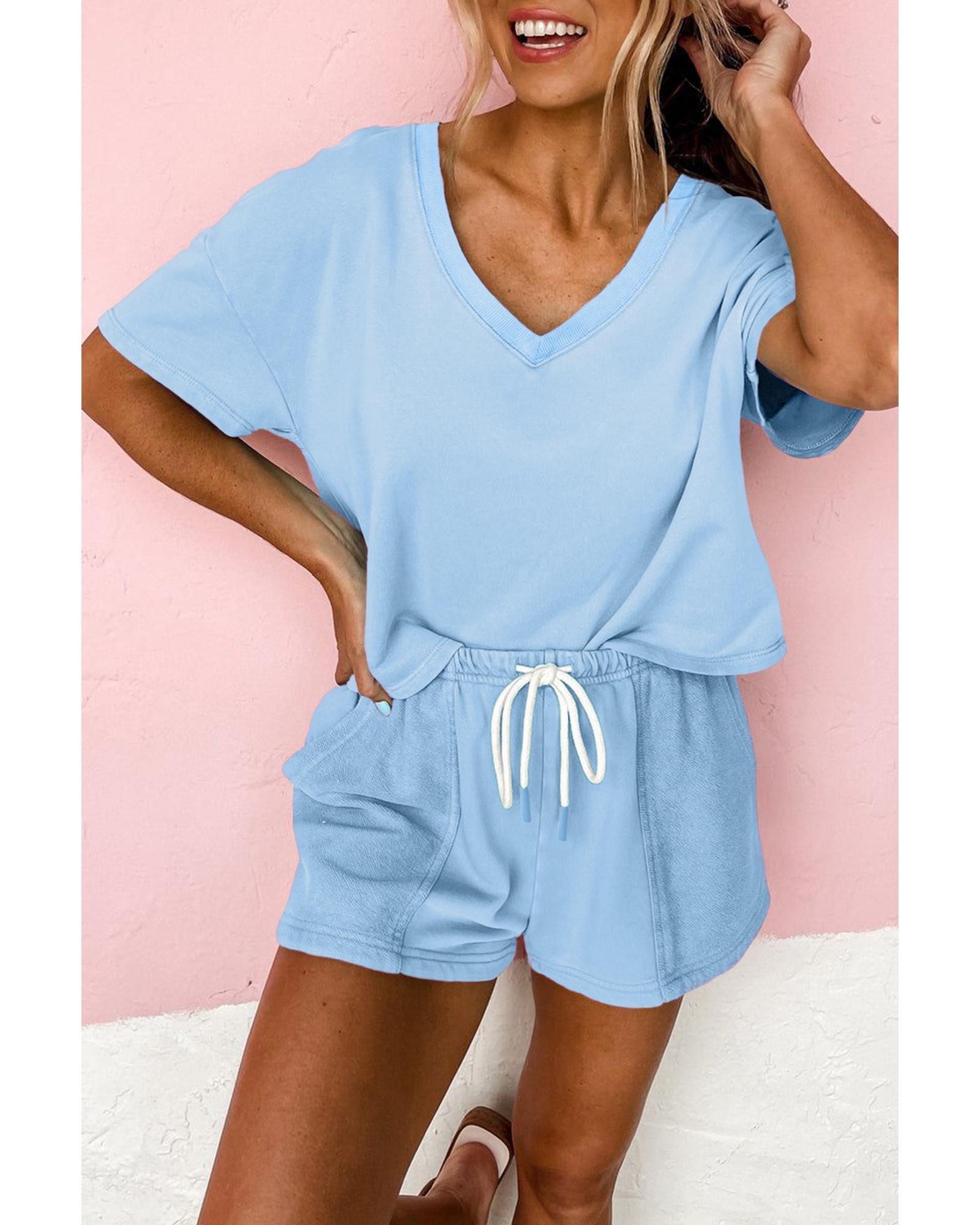 V539-AZEXDC627268-P1204-L-202508291240-00 Myosotis V Neck Drop Shoulder Tee and Patchwork Drawstring Shorts Set - L - Image 1