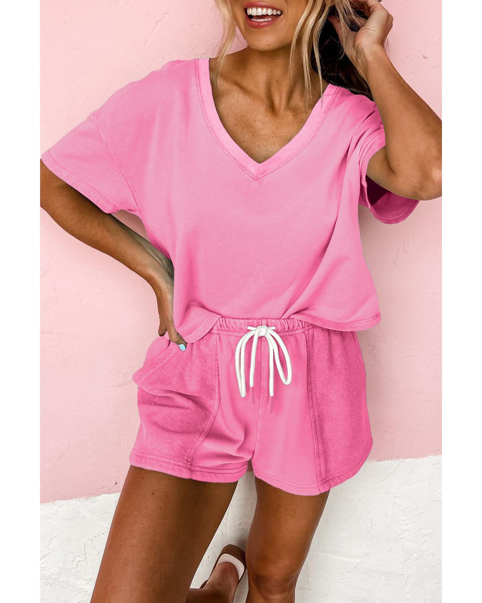 V539-AZEXDC627268-P3010-XL-202508300115-00 Bonbon V Neck Drop Shoulder Tee and Patchwork Drawstring Shorts Set - XL - Image 1