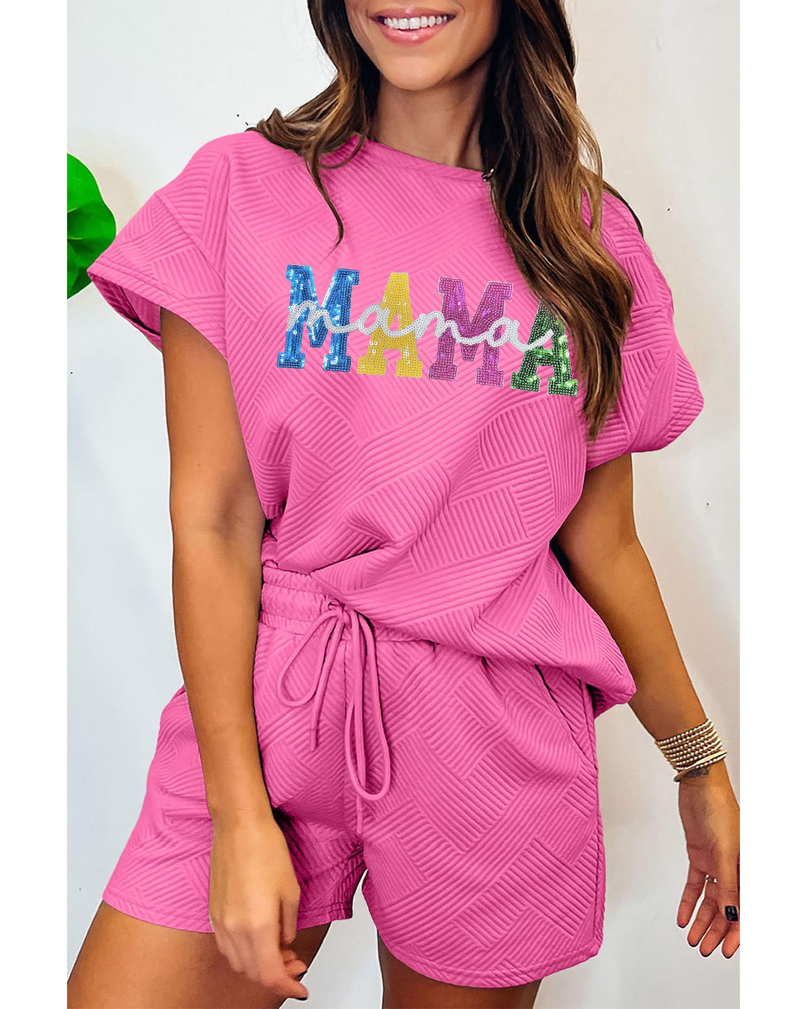V539-AZEXDC627684-P306-S-202506150307-00 Strawberry Pink Sequined MAMA Letter Graphic Textured Short 2pcs Set - S - Image 1
