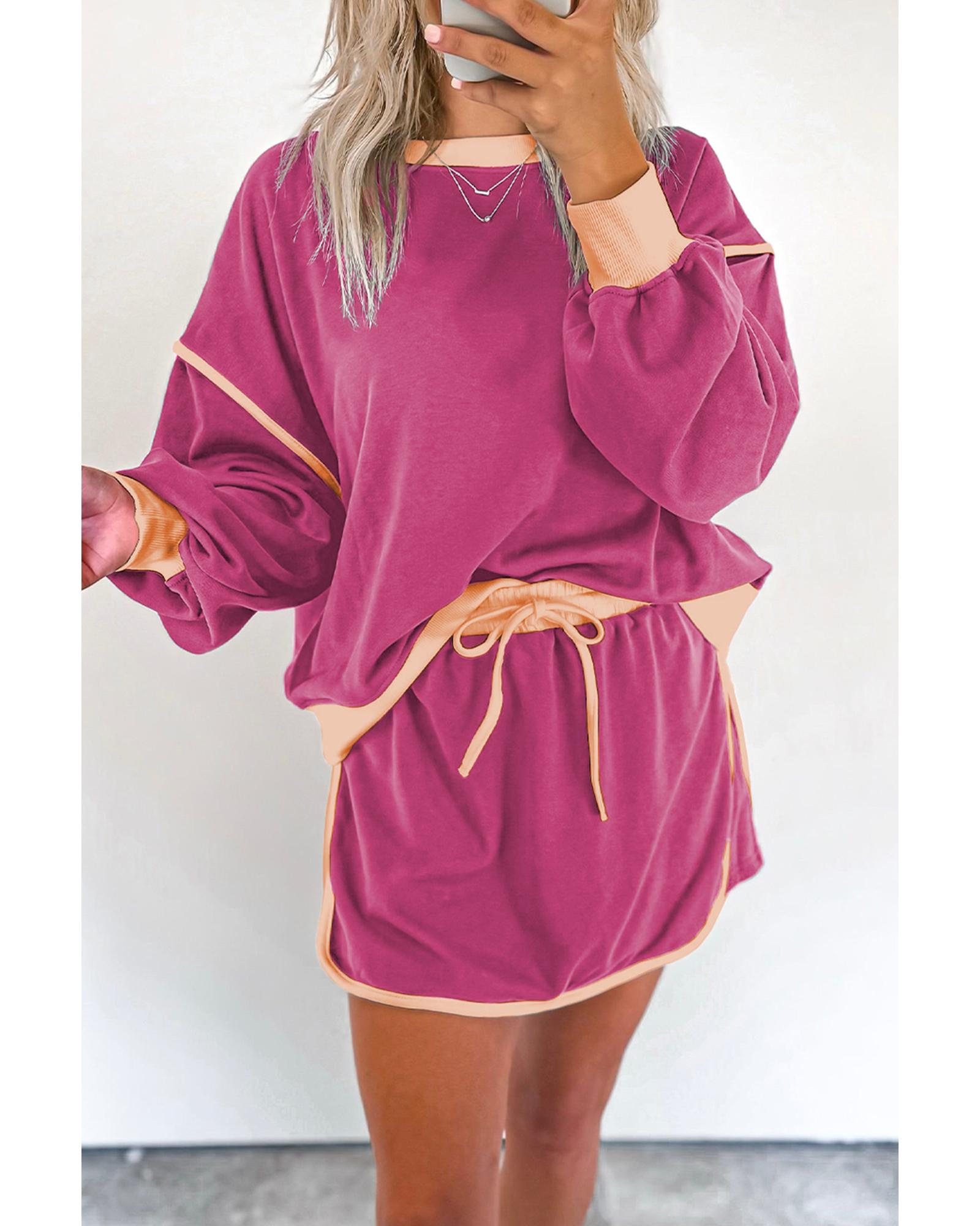 V539-AZEXDC631113-P6-S-202506150320-00 Rose Red Color Contrast Loose Pullover and Lace-up Waist Skort Set - S - Image 1