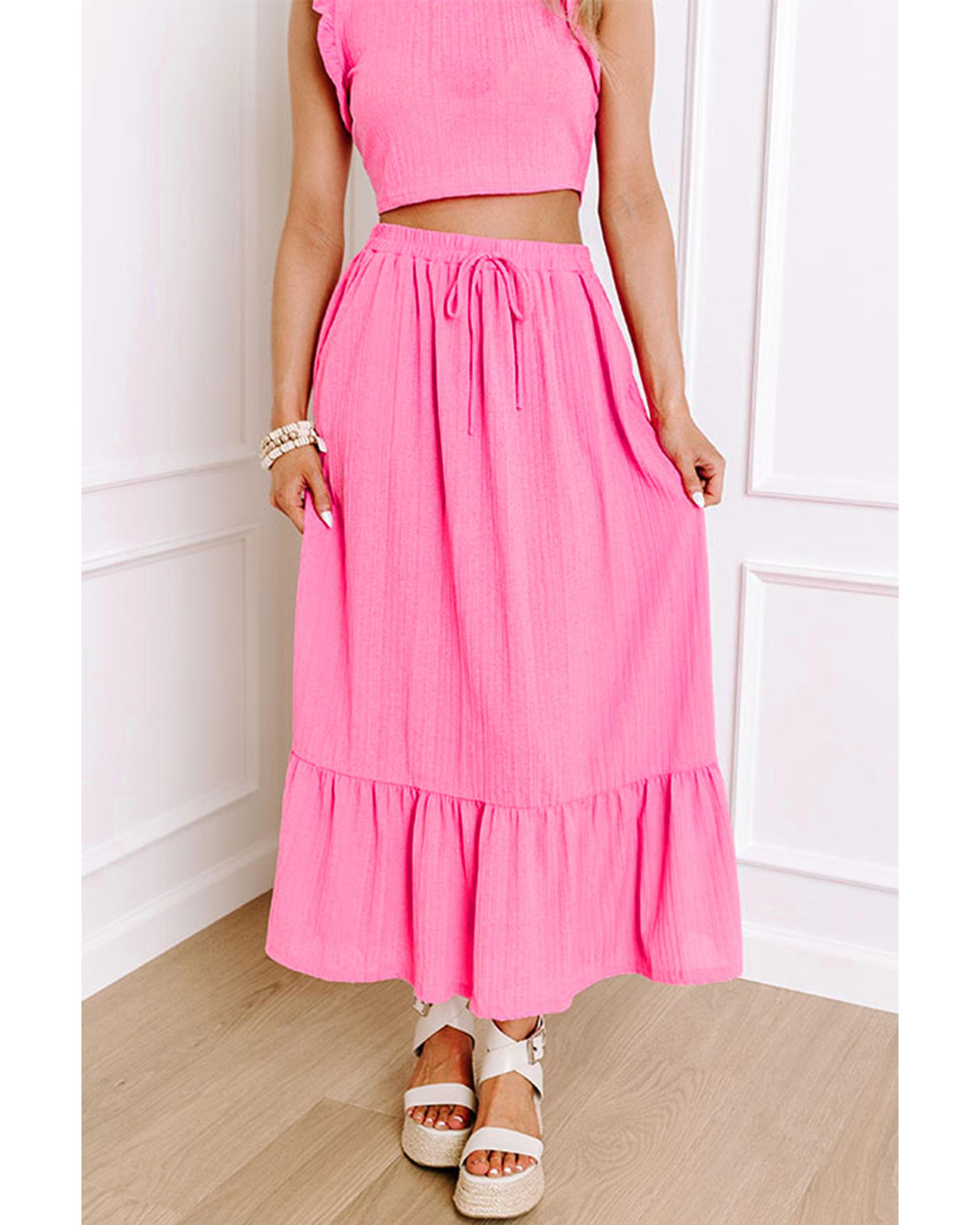 V539-AZEXDC631145-P3010-M-202508301900-00 Bonbon Textured Ruffle Trim Crop Vest Lace-up Long Skirt Set - M - Image 1