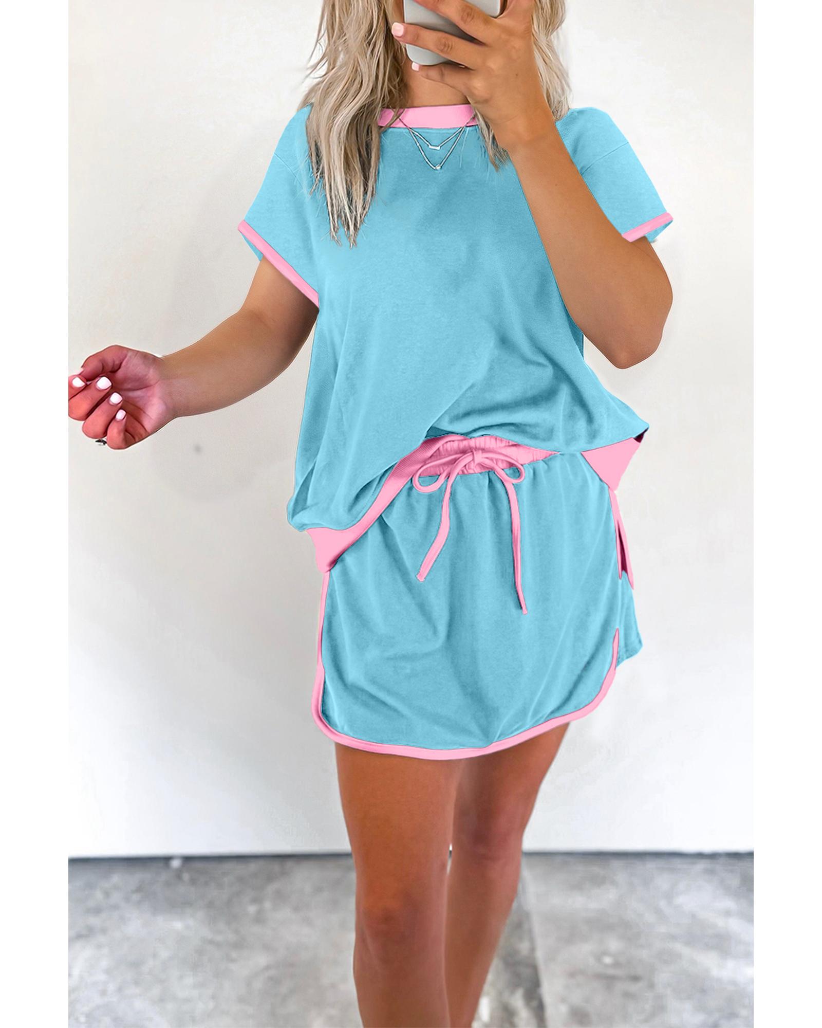 V539-AZEXDC631178-P404-S-202506150010-00 Turquoise Colorblock Edge Drop Shoulder T Shirt and Skirt 2Pcs Set - S - Image 1