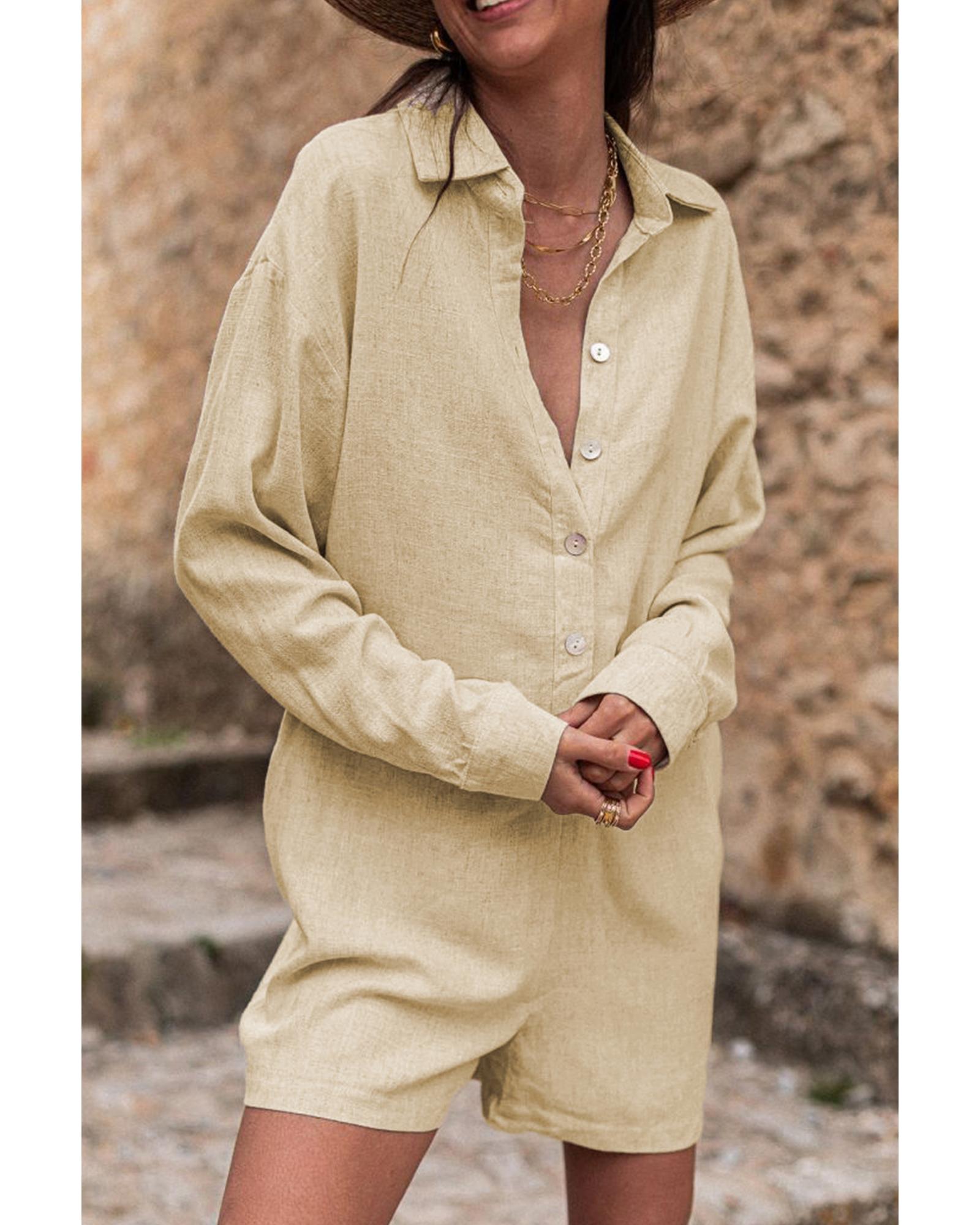 V539-AZEXDC6412780-P15-M-202508281325-00 Half Button Shirt Collar Long Sleeve Loose Romper - M - Image 1