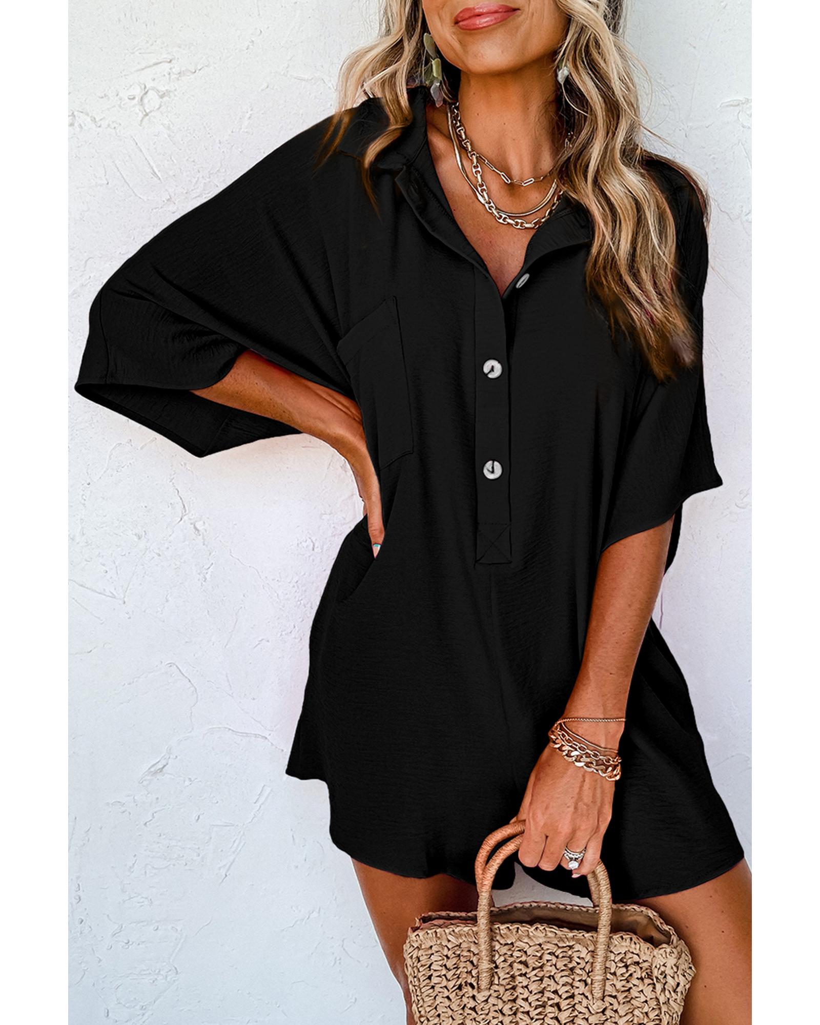 V539-AZEXDC6413069-P2-S-202506150452-00 Black Half Button Collared Loose Romper - S - Image 1