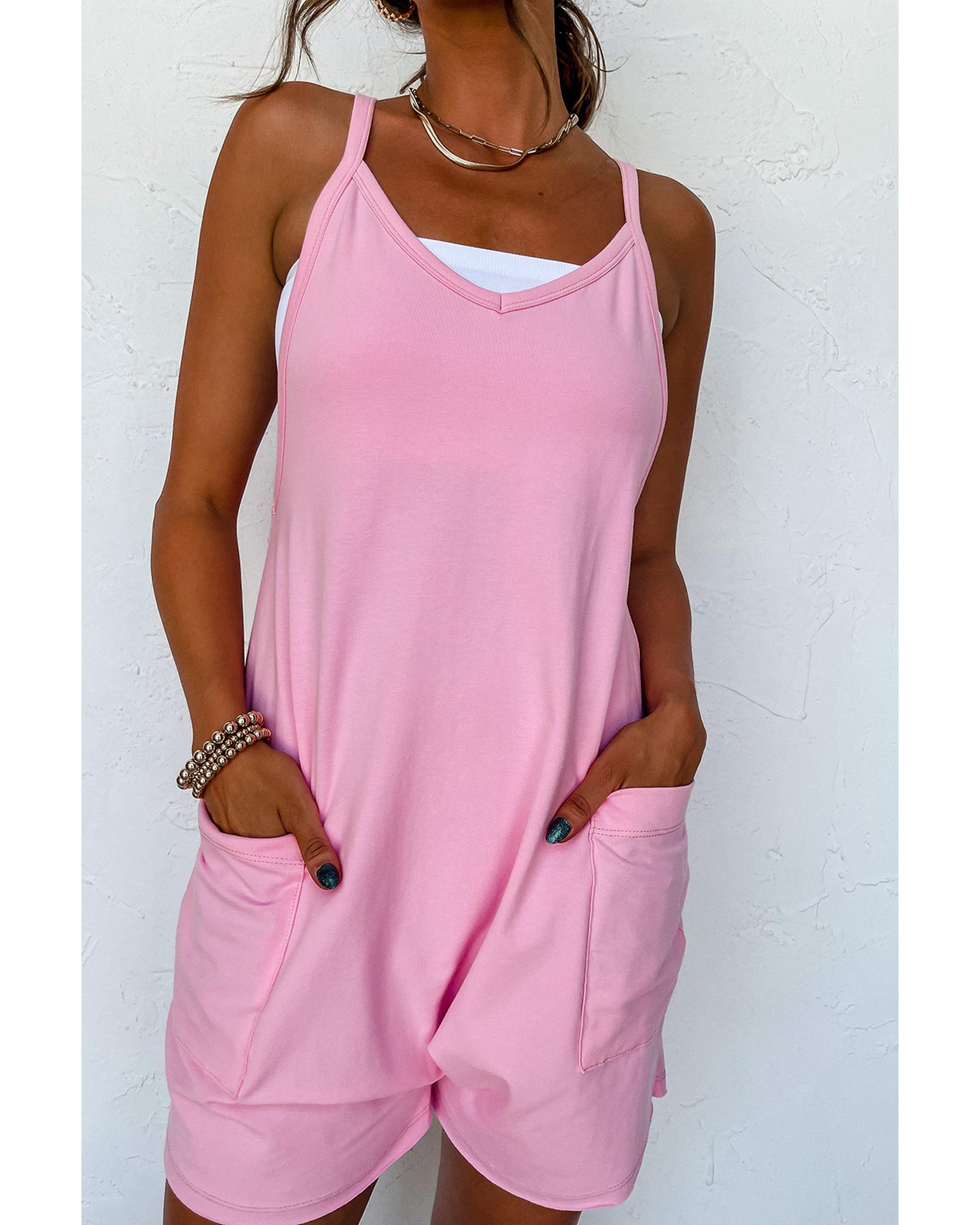 V539-AZEXDC6413097-P10-L-202508291905-00 Pink Spaghetti Straps V Neck Jersey Romper - L - Image 1