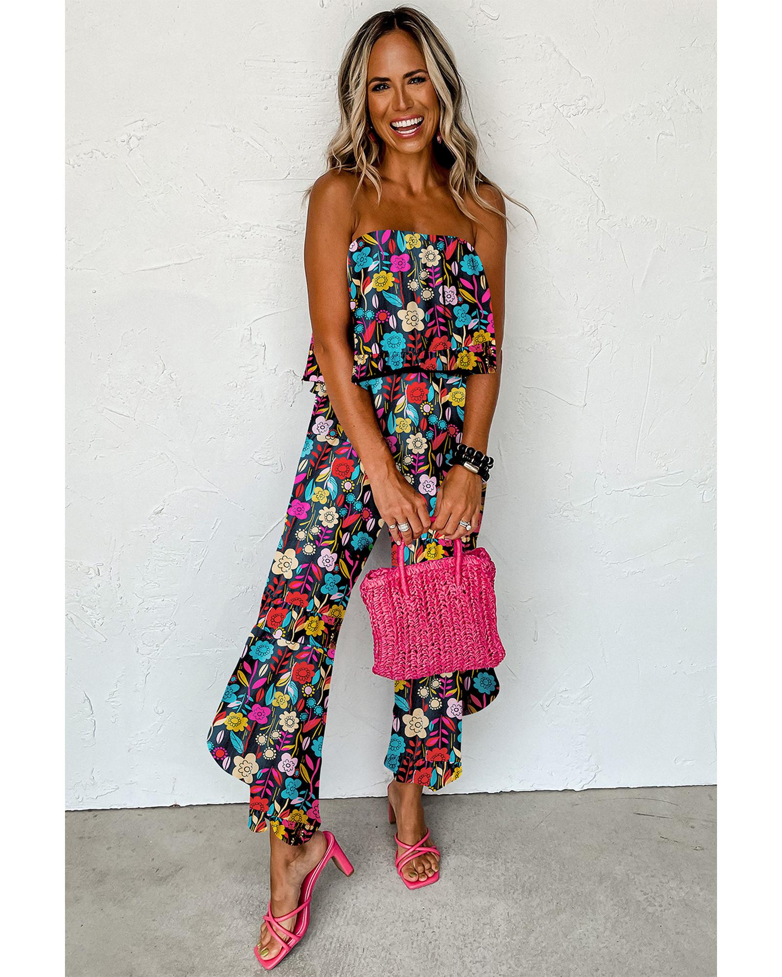 V539-AZEXDC6413368-P322-XL-202508281155-00 Red Mix Tropical Print Strapless Ruffled Jumpsuit - XL - Image 1