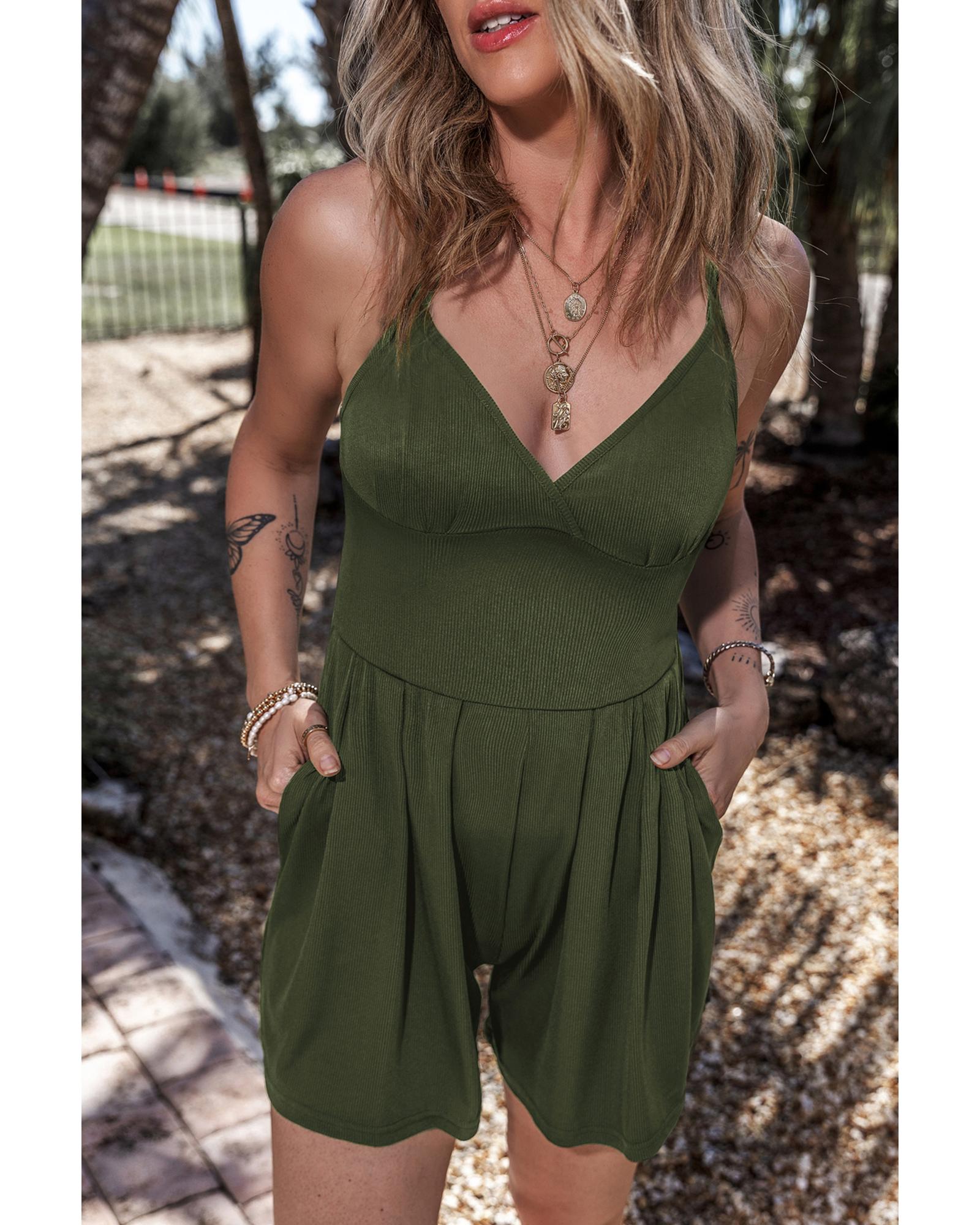 V539-AZEXDC6413541-P1609-XL-202508300550-00 Moss Green Spaghetti Straps Cinched Waist Ribbed Romper - XL - Image 1