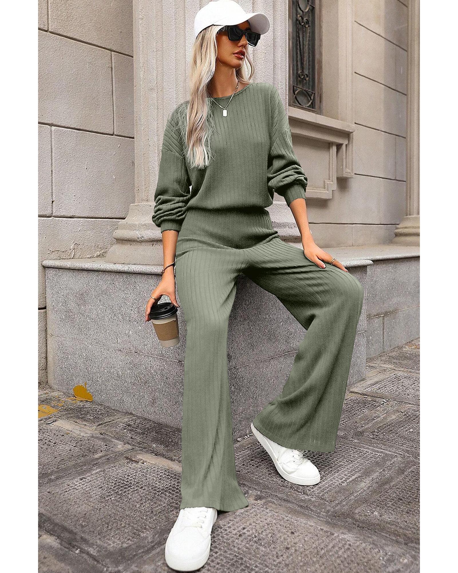 V539-AZEXDC6413558-P1209-XL-202508292255-00 Laurel Green Solid Ribbed Knit Keyhole Back High Waist Jumpsuit - XL - Image 1