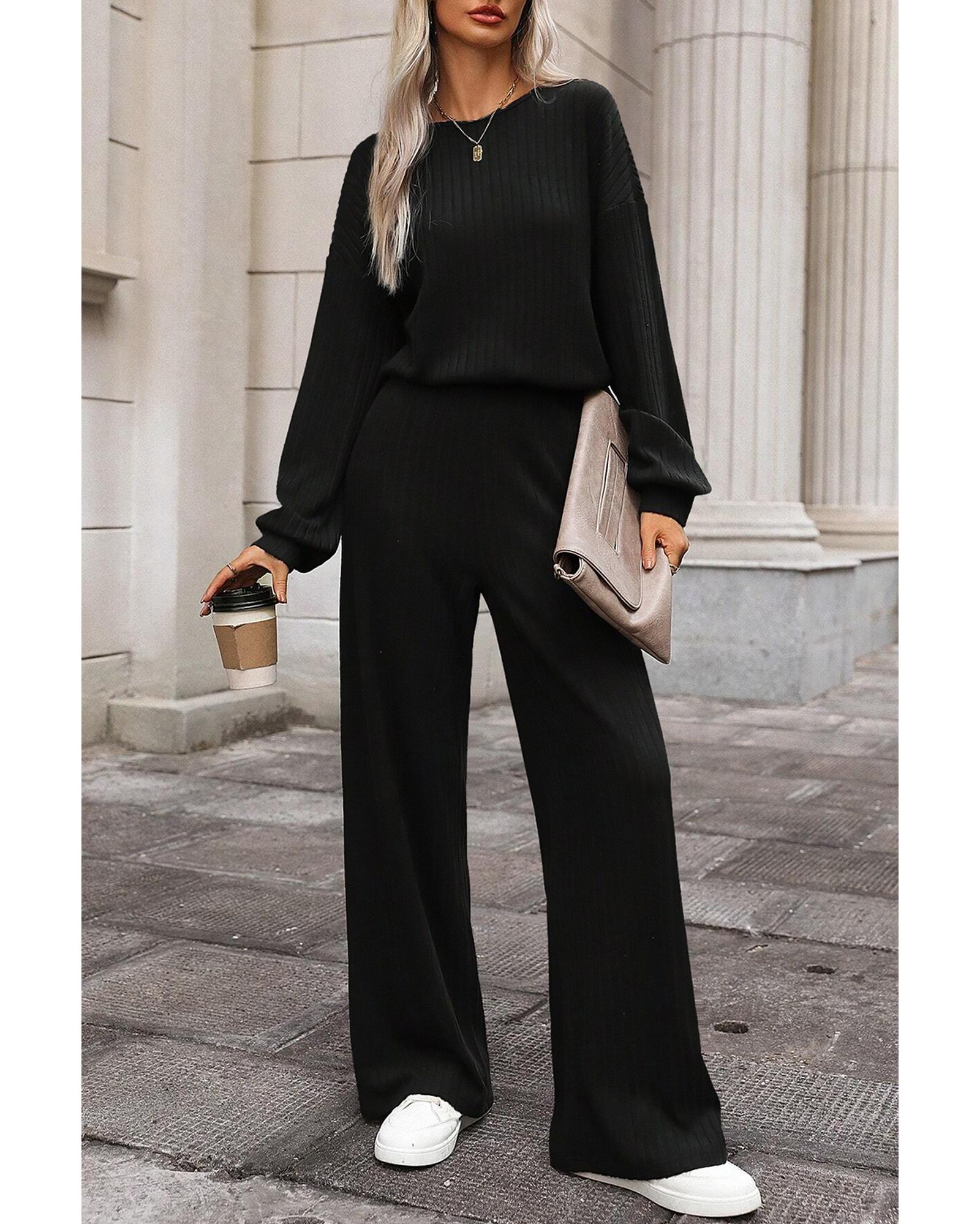 V539-AZEXDC6413558-P2-S-202506150527-00 Black Solid Ribbed Knit Keyhole Back High Waist Jumpsuit - S - Image 1