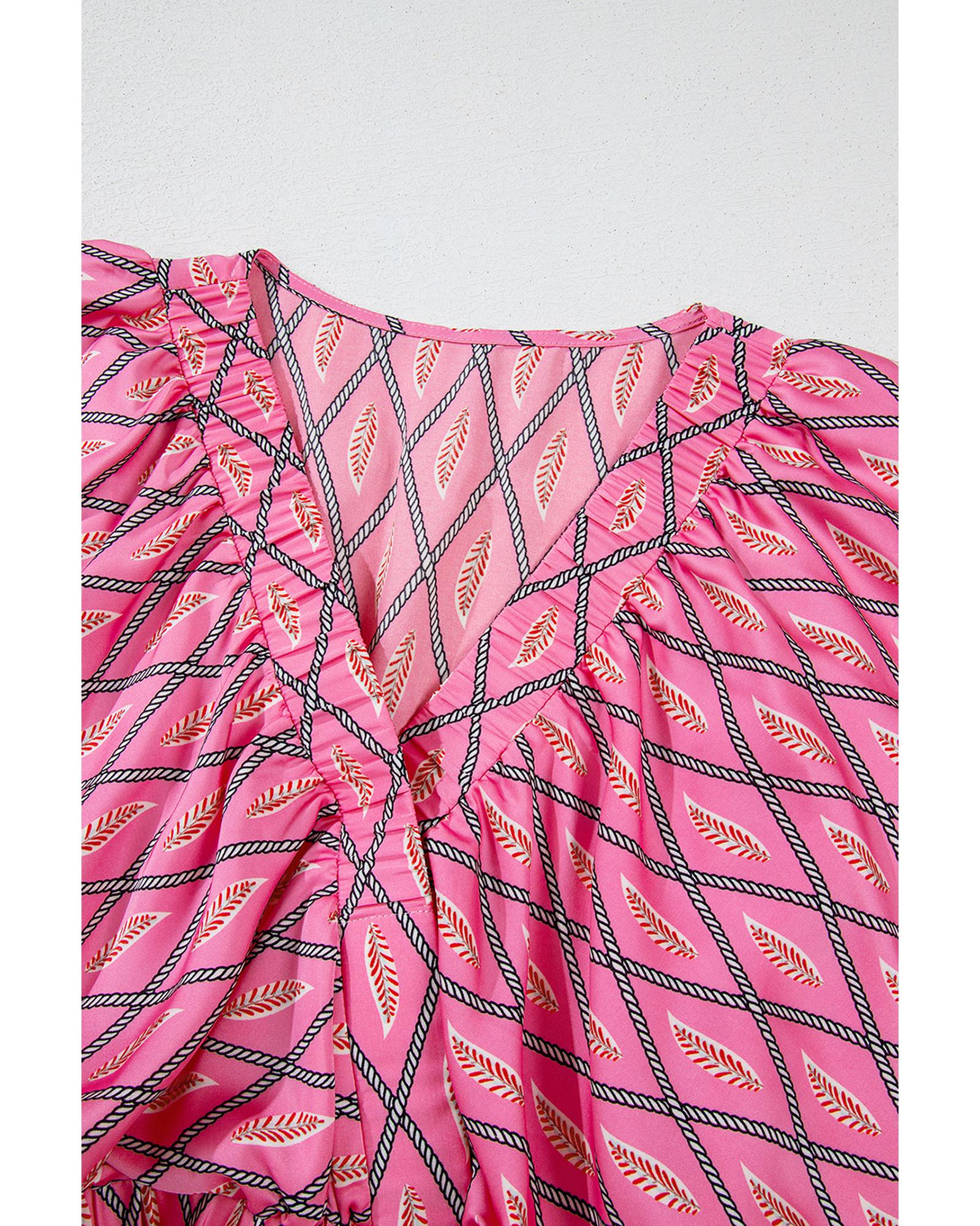 V539-AZEXDC6413823-P1020-S-202506150547-00 Pink Paisley Geometric Print V Neck High Waist Romper - S - Image 1