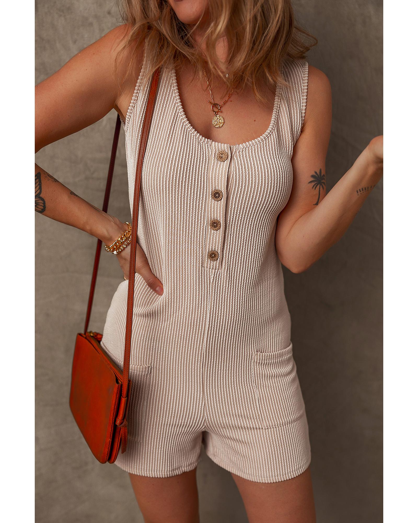 V539-AZEXDC6413850-P6016-M-202508301815-00 Parchment Corded Knit Side Pockets Buttoned Sleeveless Romper - M - Image 1